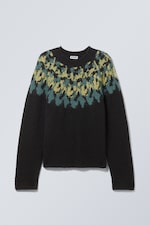Schwarz - Muster Petrol/Gelb - Oversize-Pullover aus Raglan-Strick - 0