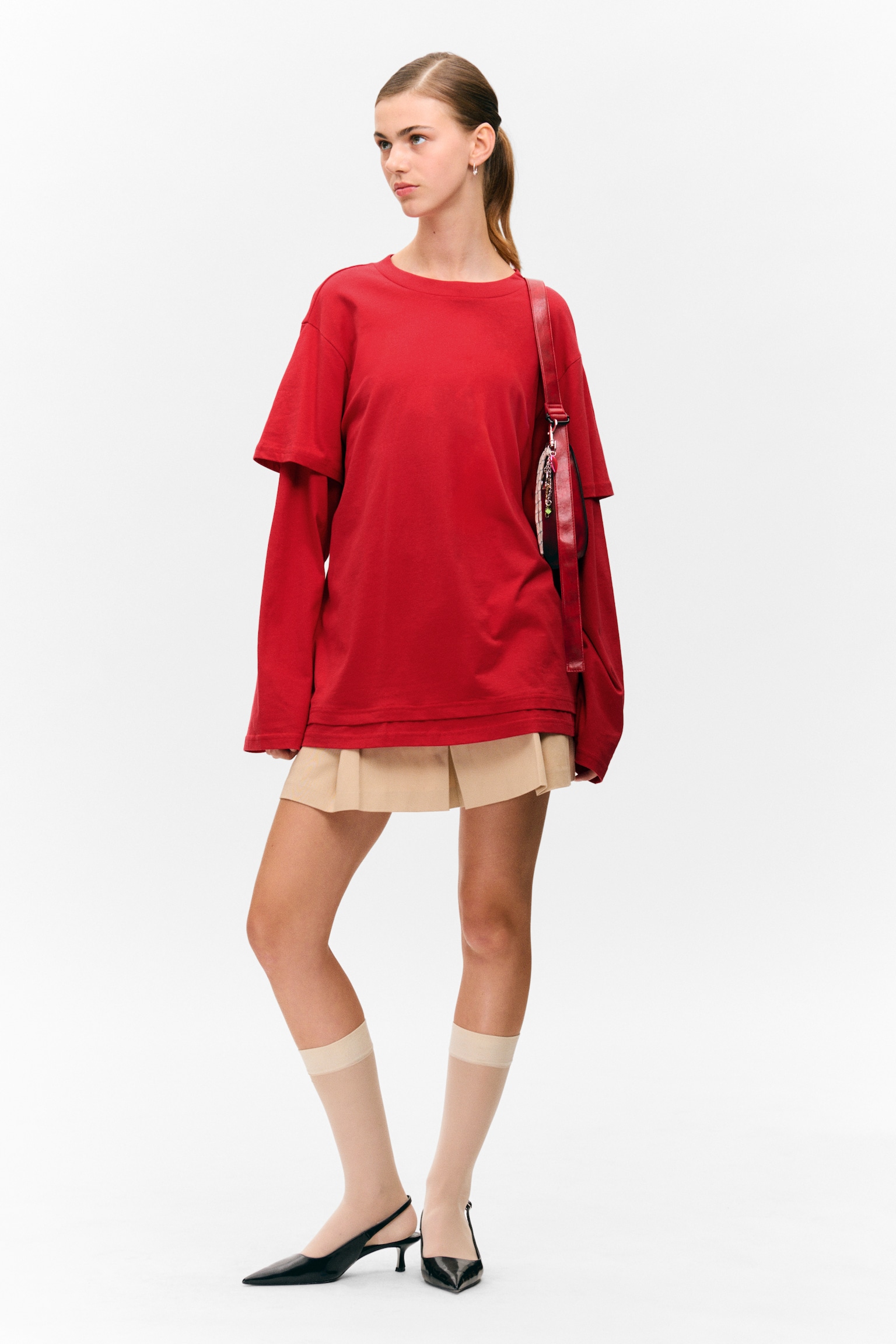 Layered Long-Sleeved Cotton T-shirt - Bright Red - 3