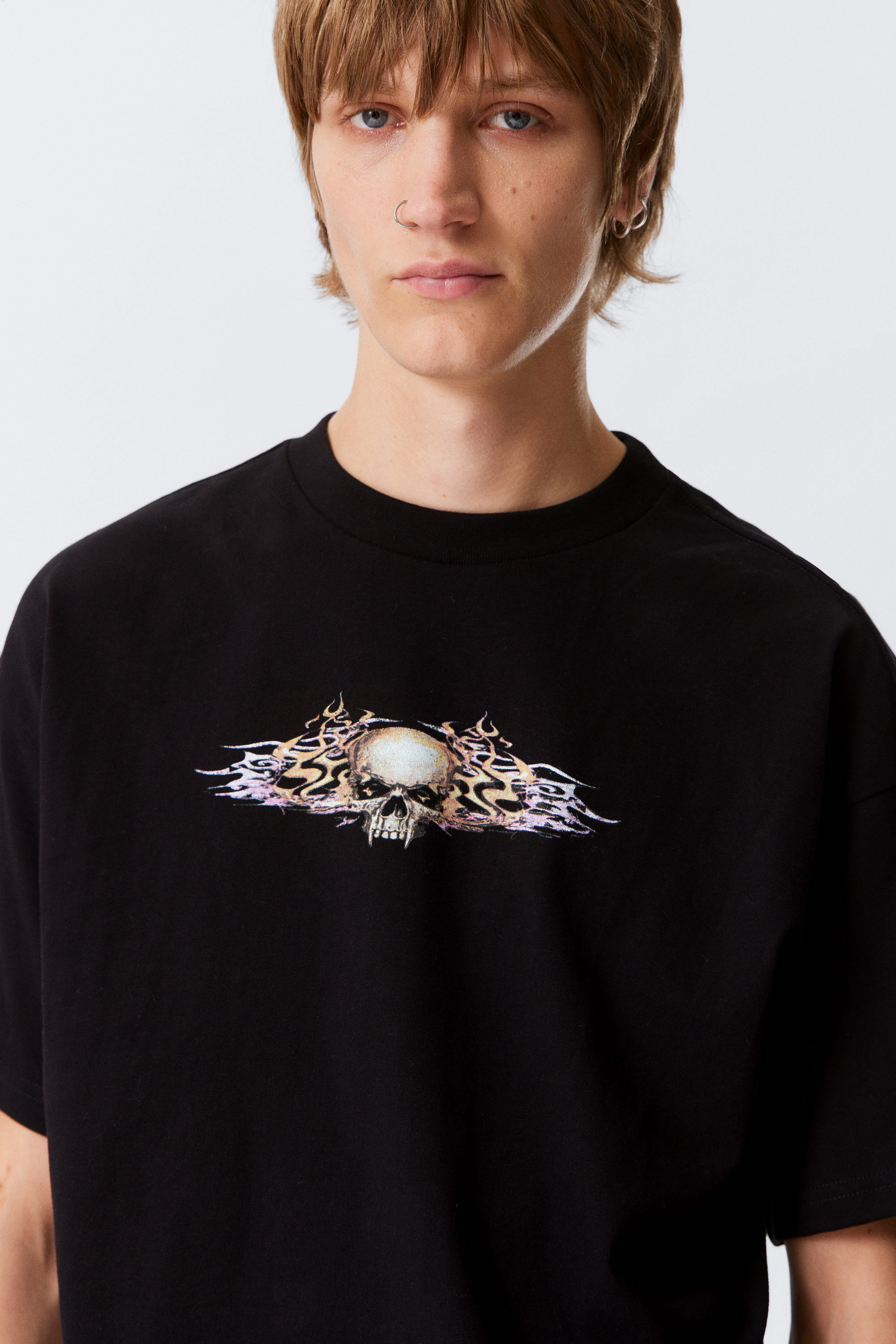 Black - Biker Skull - Great Boxy Printed Graphic Tee - 2