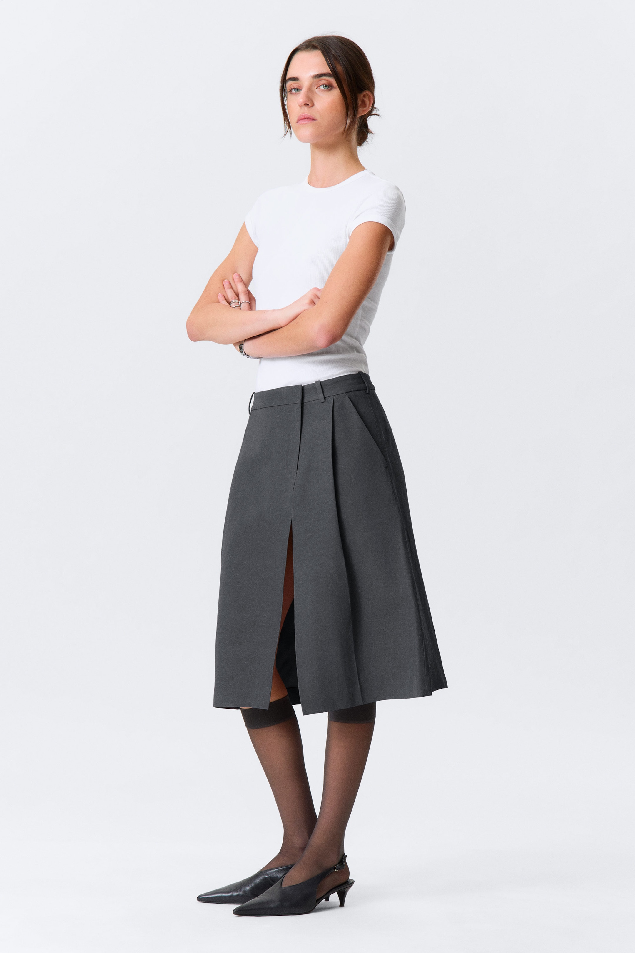 Dark Grey - Asymmetric Linen-Blend Suiting Skirt - 2