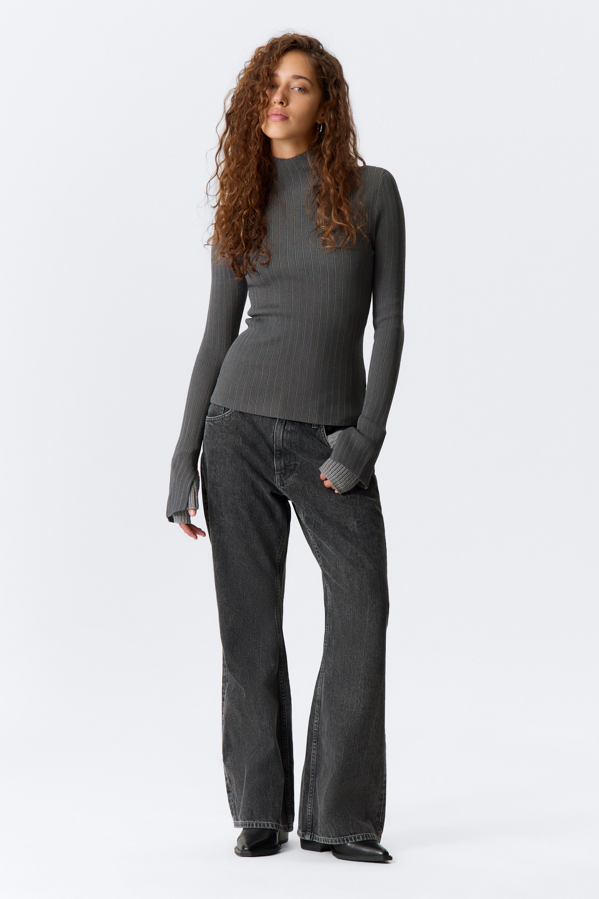 Dunkelgrau-Melange gestreift - Gerippter, eng anliegender Rollkragenpullover - 2