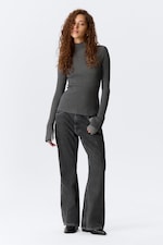 Striped Dark Grey Melange - Ribbed Fitted Turtleneck - 1