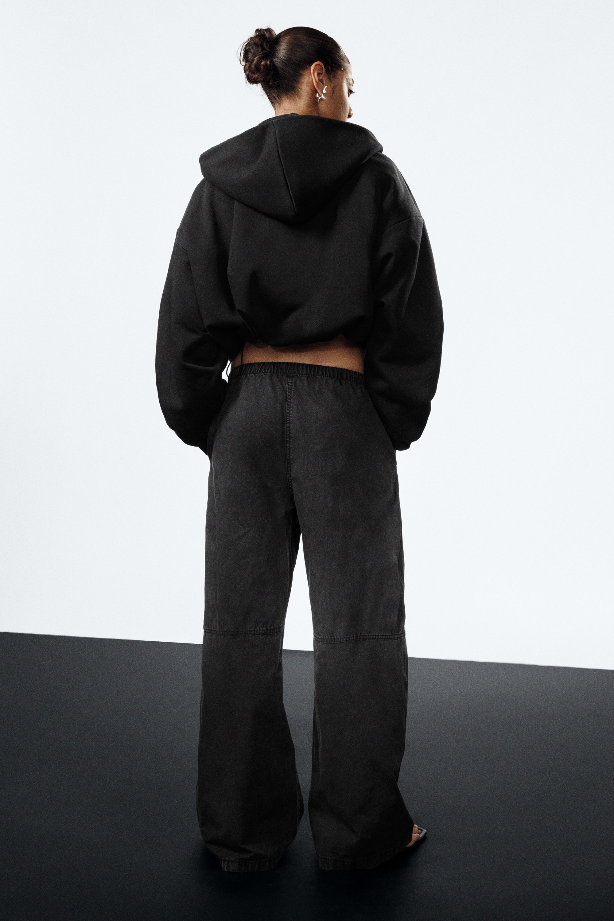 Washed Black - Low Rise Baggy Washed Canvas Trousers - 2