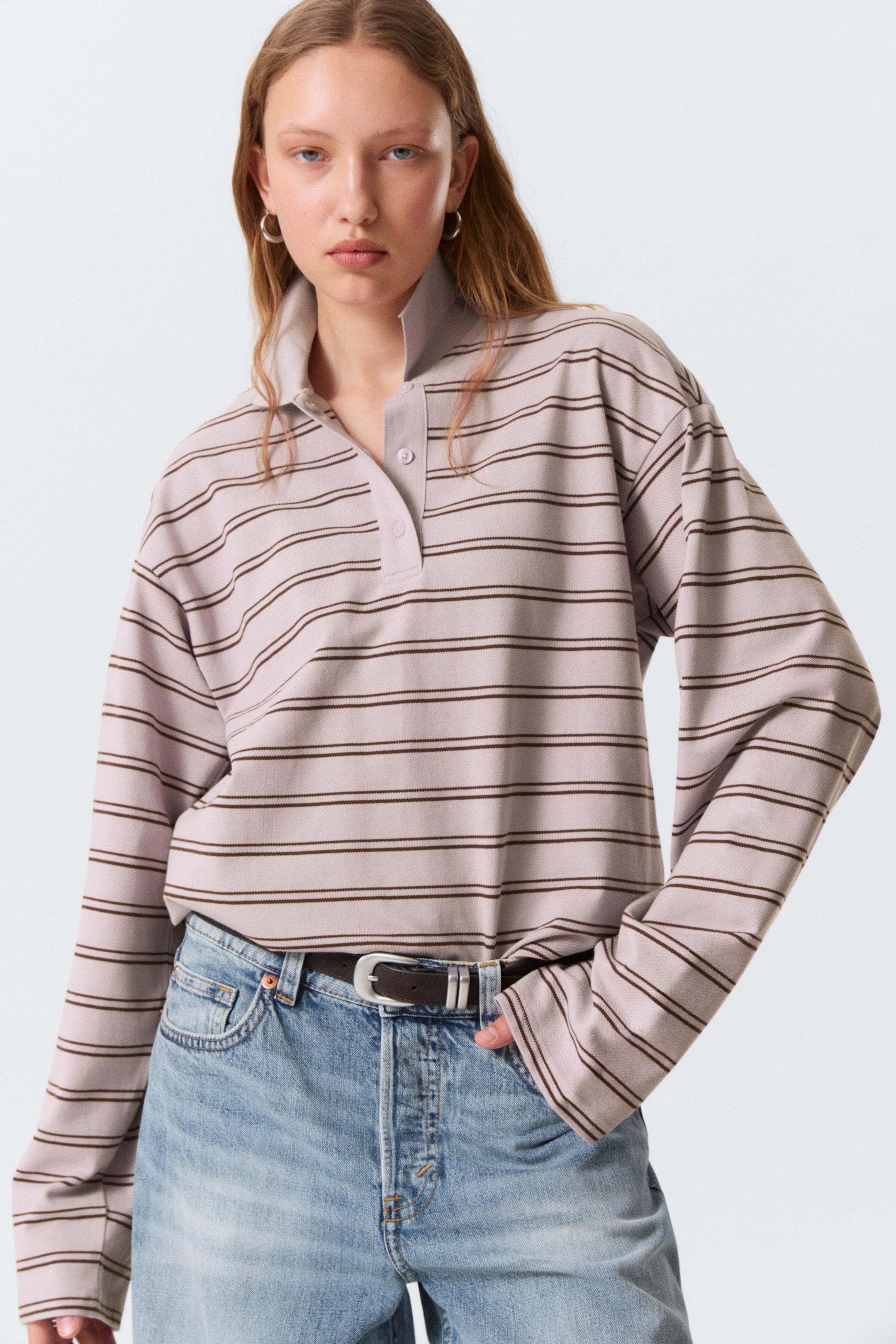 Striped Light Pink - Long-Sleeved Cotton Polo Top - 2