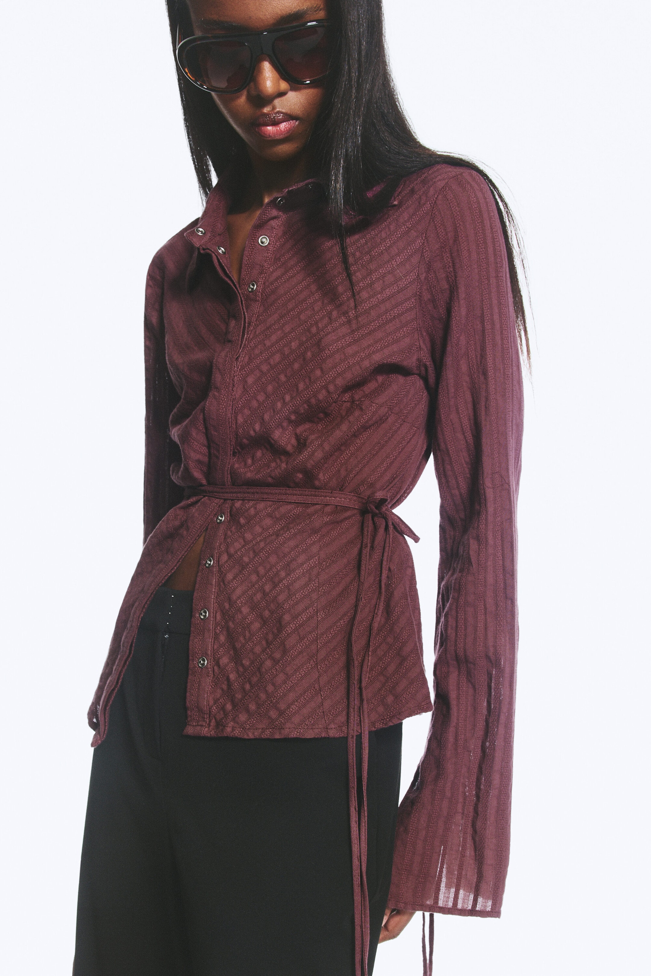 Striped Dark Purple - Tie‑Detail Cotton Shirt - 2