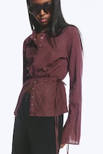 Striped Dark Purple - Tie‑Detail Cotton Shirt - 2