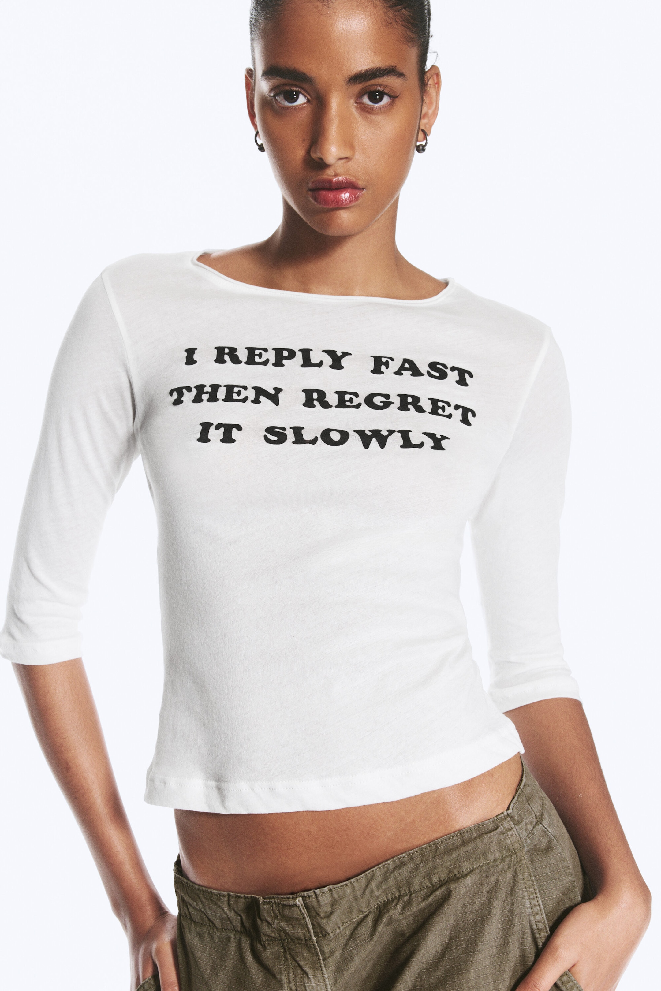 White - Printed three-quarter long-sleeved top - 0
