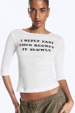 White - Printed three-quarter long-sleeved top - 0
