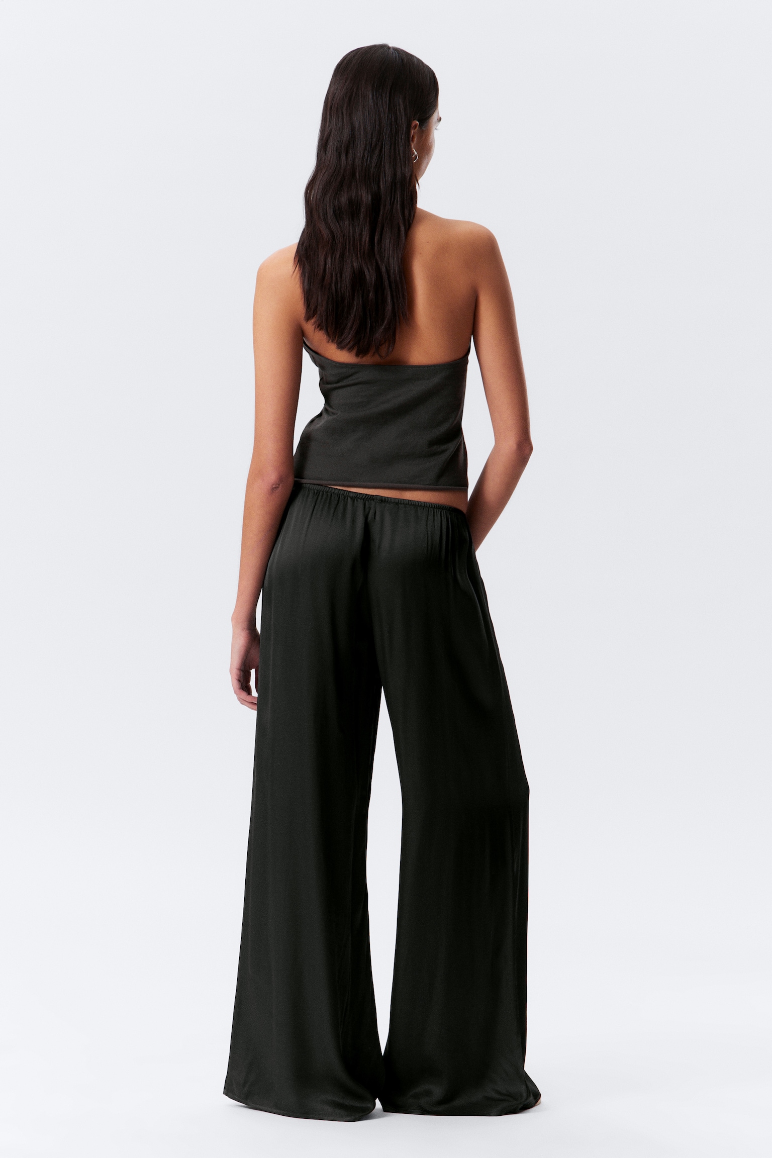 Draped Wide-Leg Satin Trousers - Dark Grey - 5
