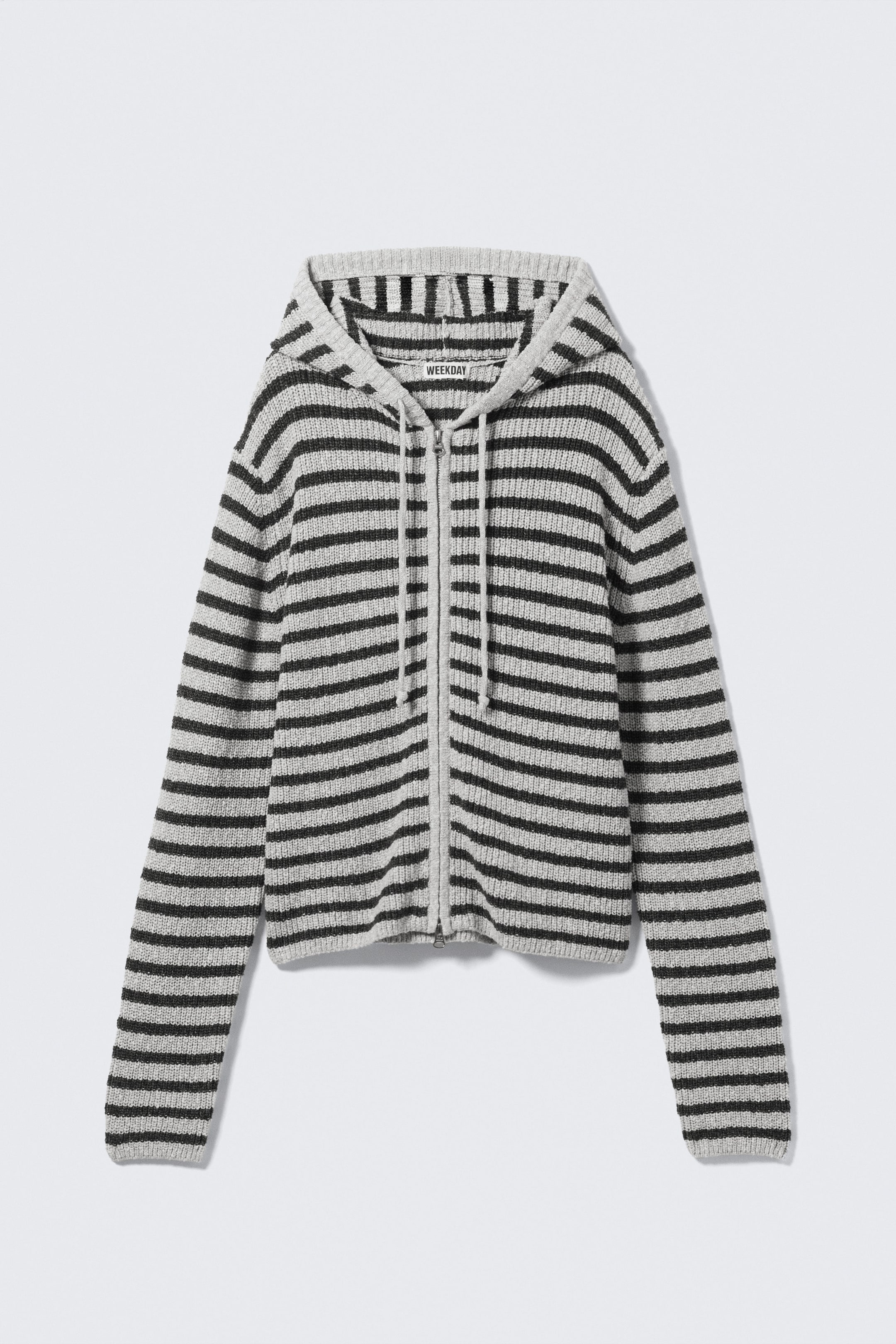 Striped Grey Melange - Knitted Slim Fit Zip Hoodie - 1