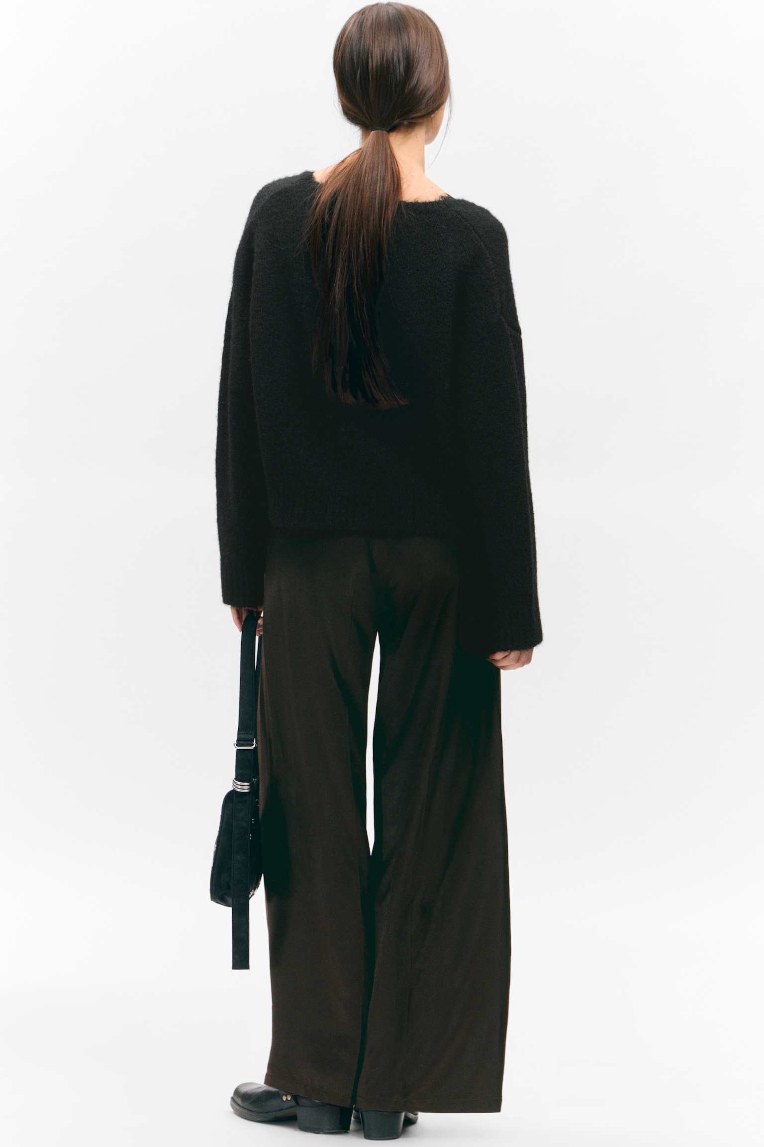 High Waisted Wide Leg Satin Trousers - Dark Brown/Black/White - 3