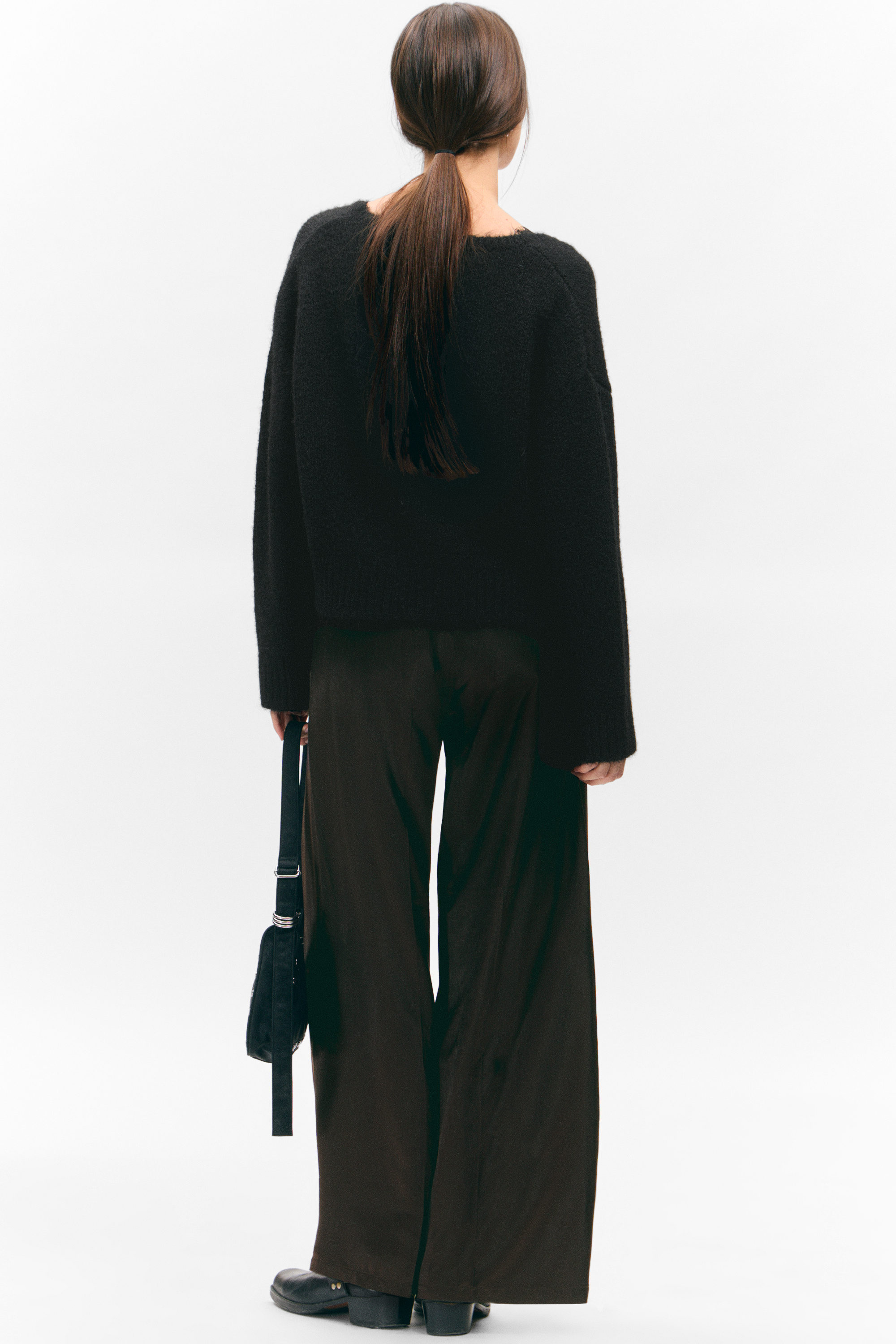 Dark Brown - High Waisted Wide Leg Satin Trousers - 2