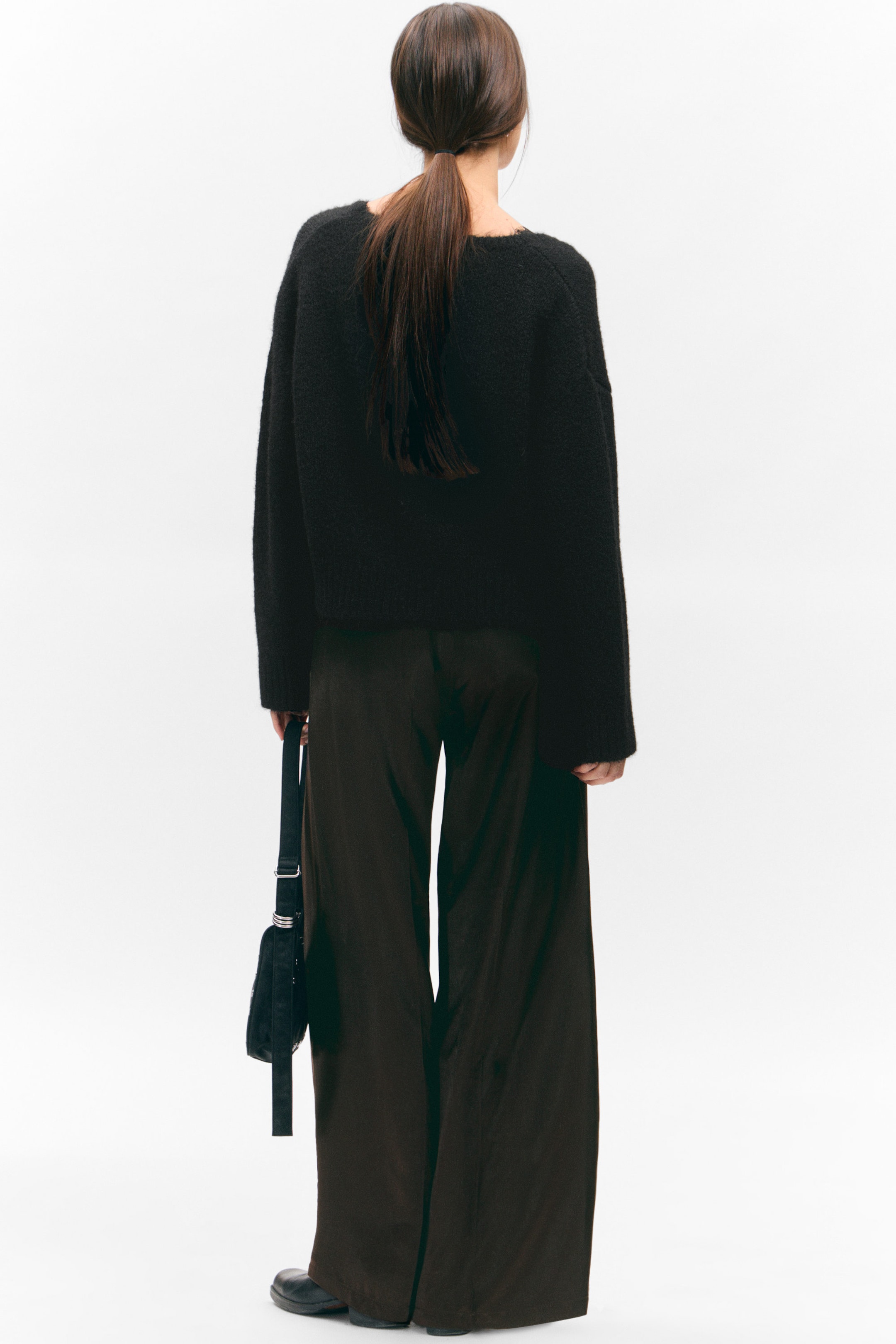 Dark Brown - High Waisted Wide Leg Satin Trousers - 2