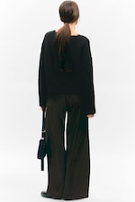 Dark Brown - High Waisted Wide Leg Satin Trousers - 2