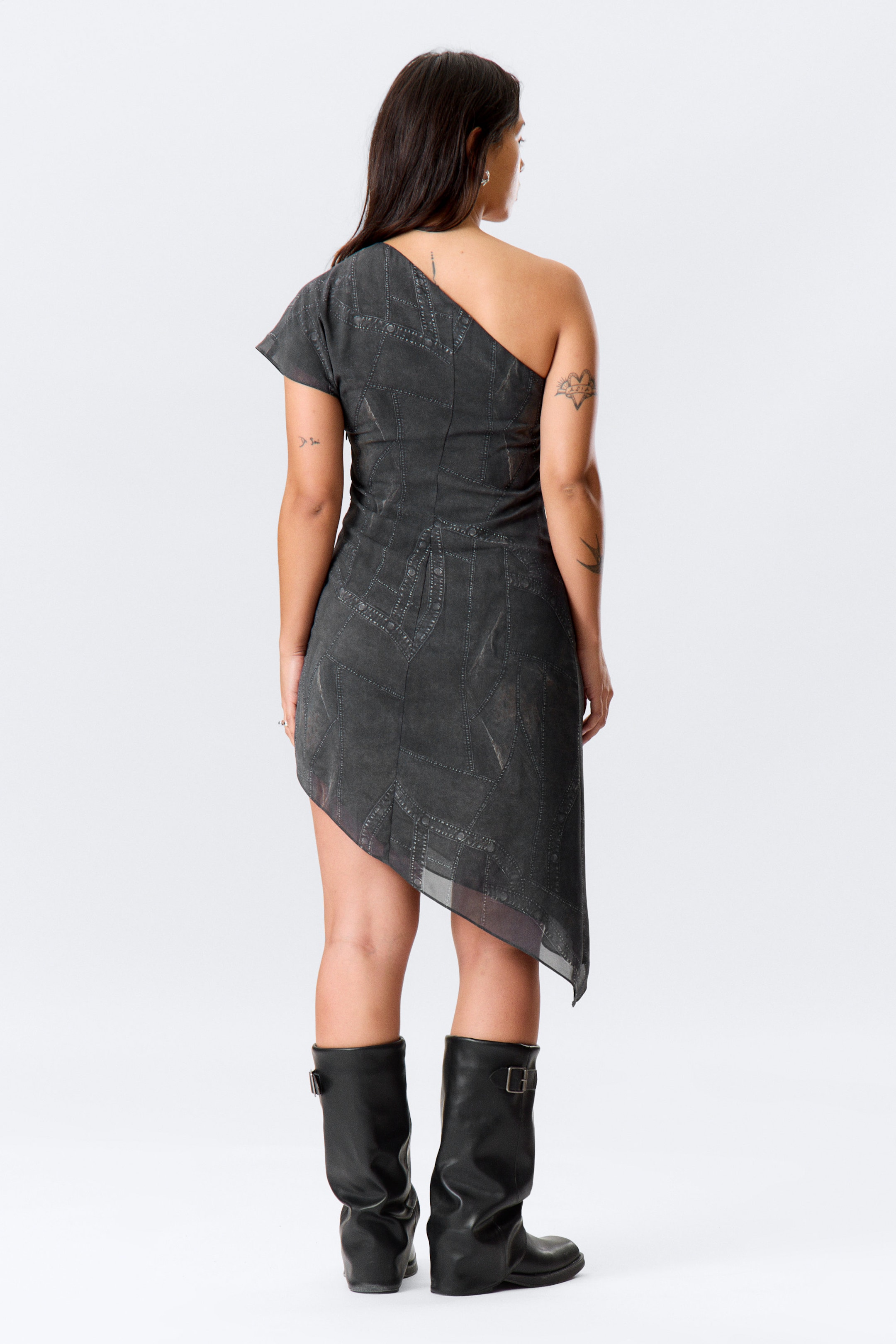 Dark Grey - Satin One-Shoulder Mini Dress - 2