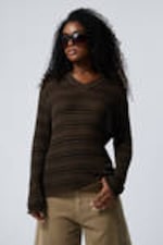 Striped Dark Brown - Relaxed Knitted V-neck Sweater - 0