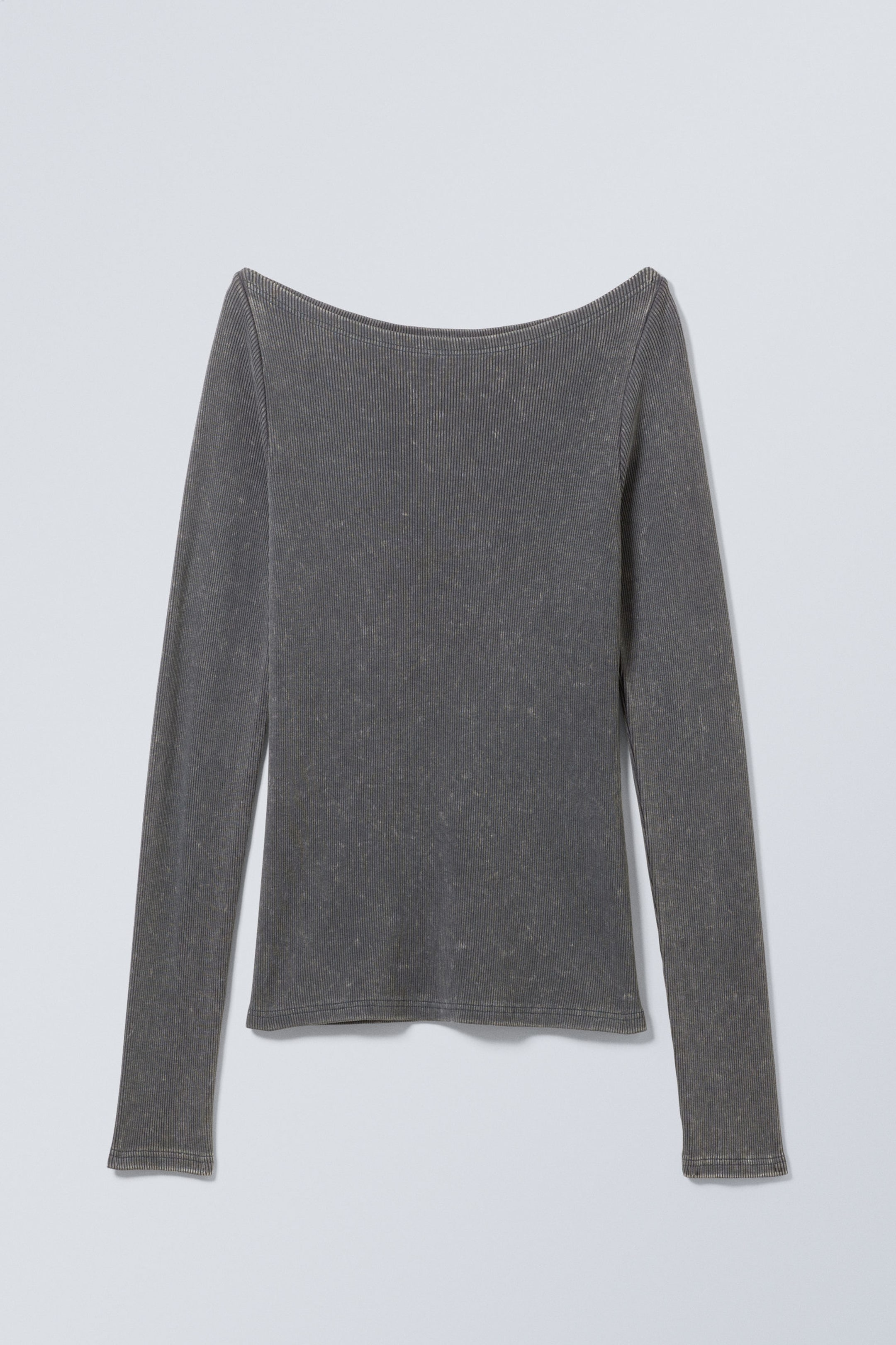 Grey - Rib Fitted Long Sleeve Boatneck - 1