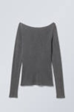 Grau - Geripptes Longsleeve mit U-Boot-Ausschnitt - 0