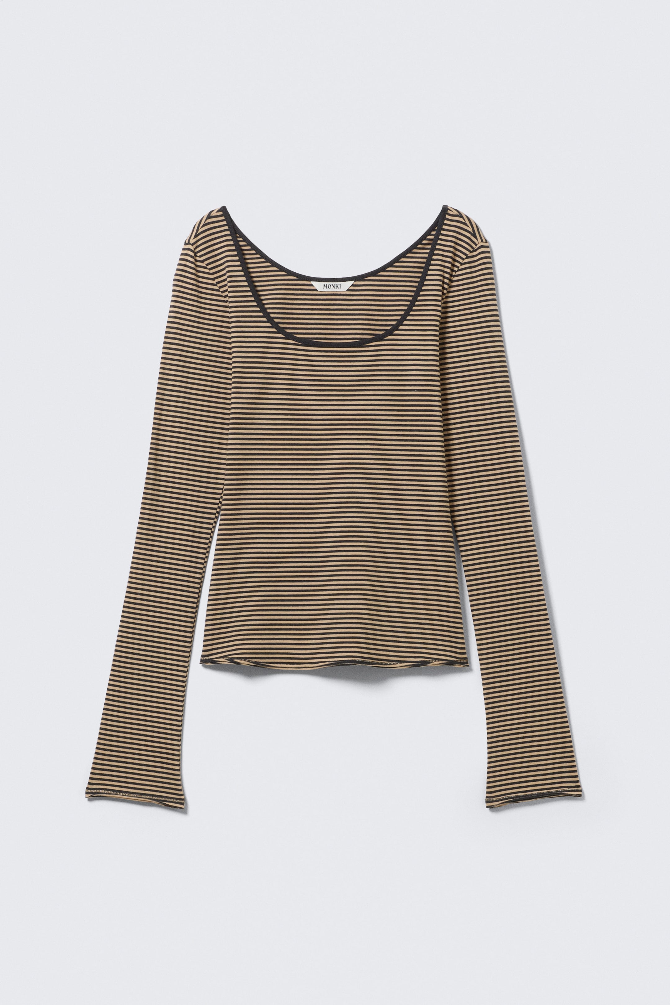 Beige/Black Stripe - Long-Sleeved Slim Fit Scoop Neck Top - 3