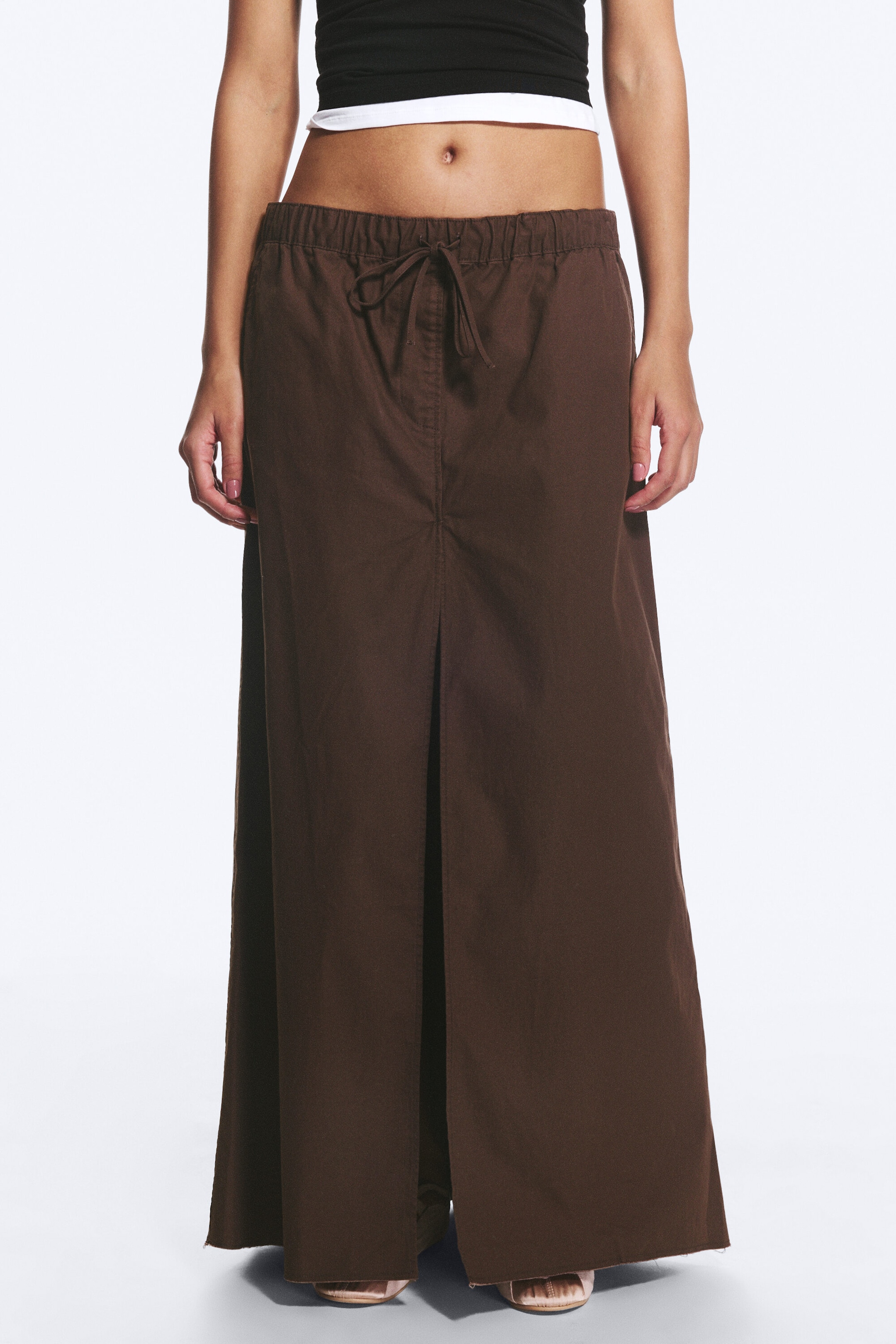 Dark Brown - Drawstring Cotton Canvas Maxi Skirt - 2