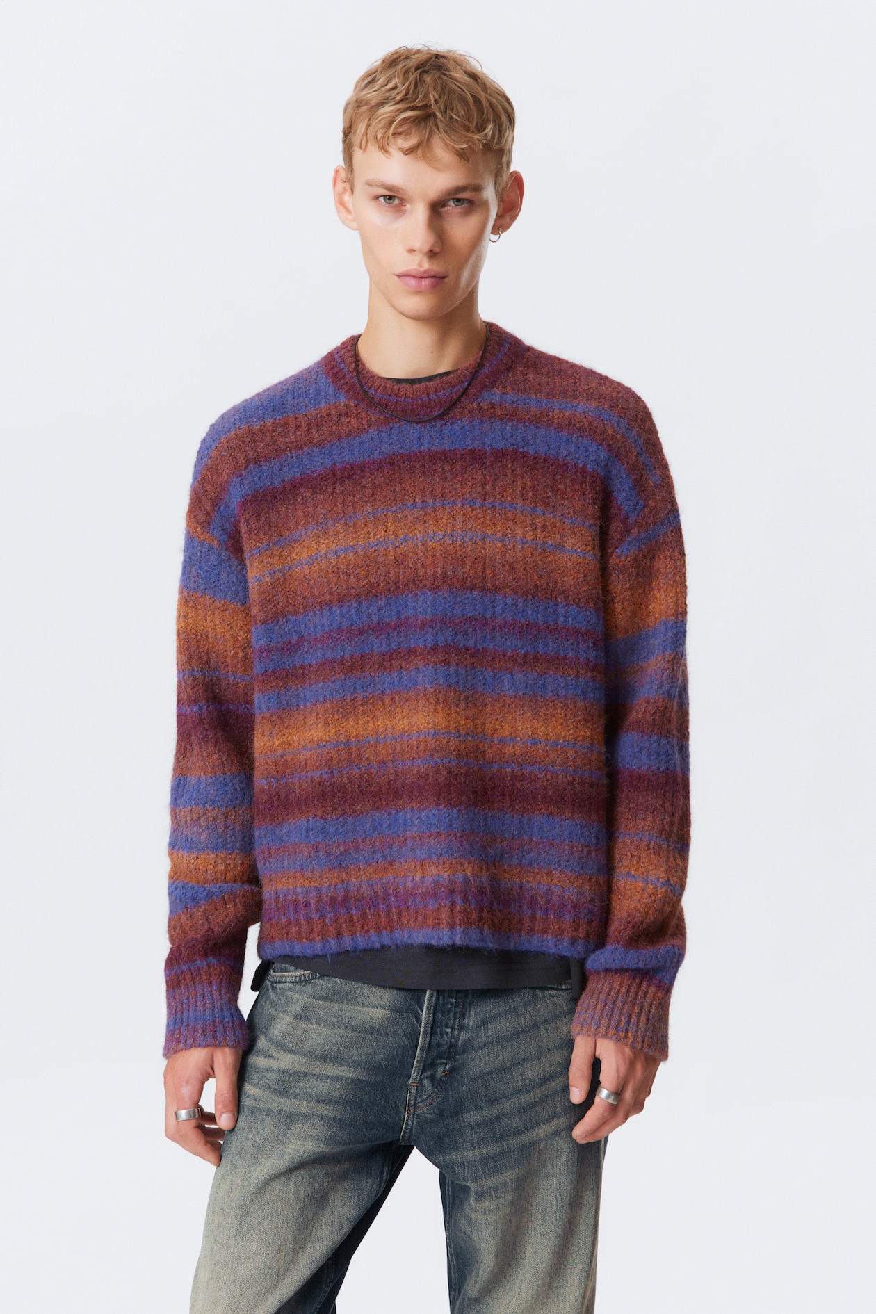 Knitted Space Dye Crewneck Sweater - Orange Multi Stripe - Men | H&M GB