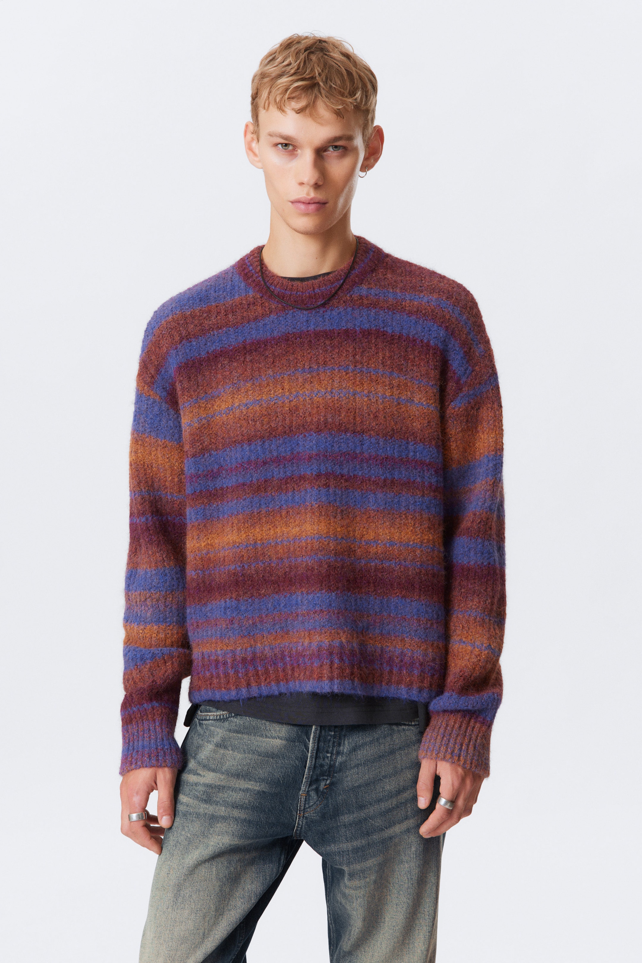 Orange Multi Stripe - Knitted Space Dye Crewneck Sweater - 1