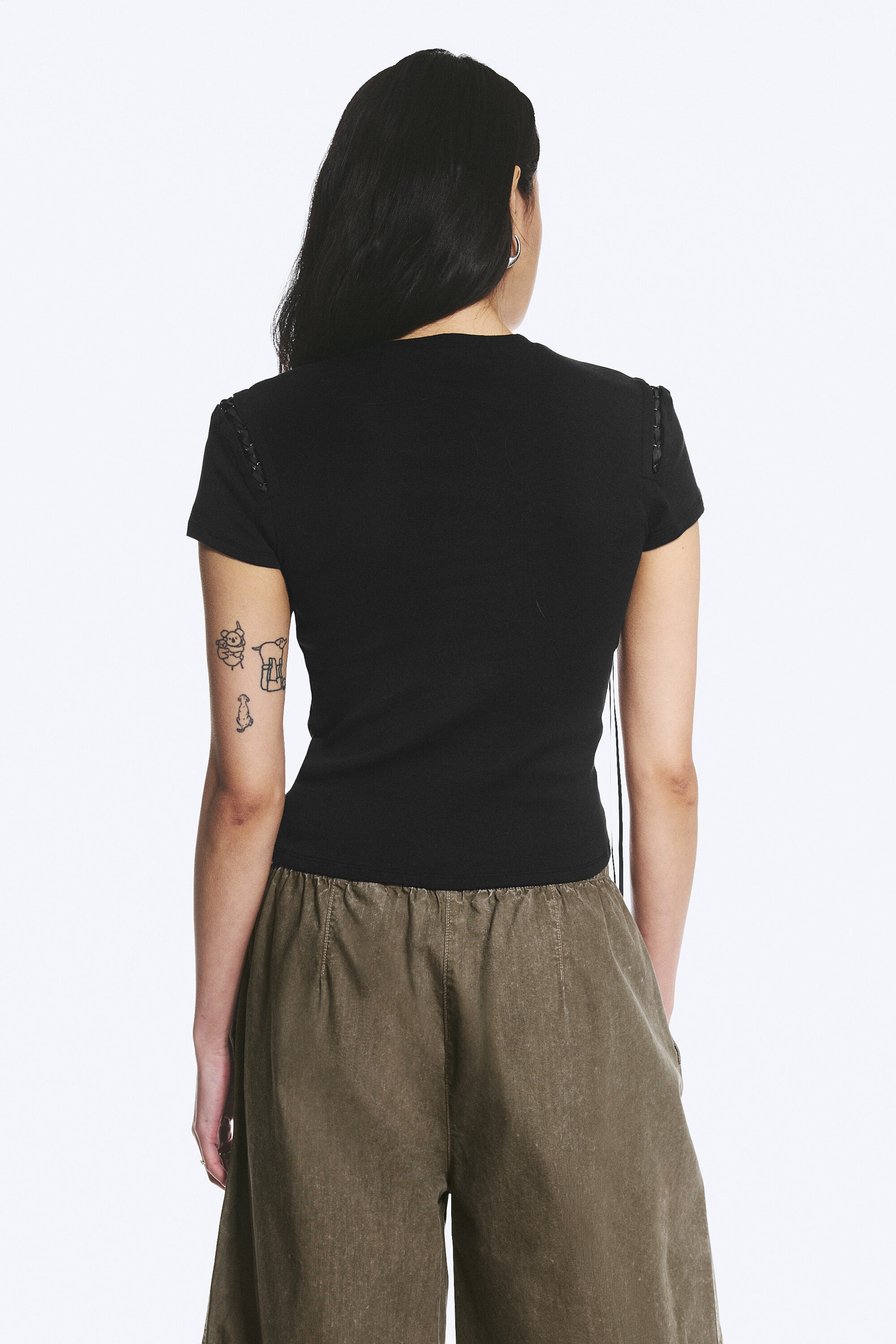 Noir - T-shirt côtelé à liens croisés - 3