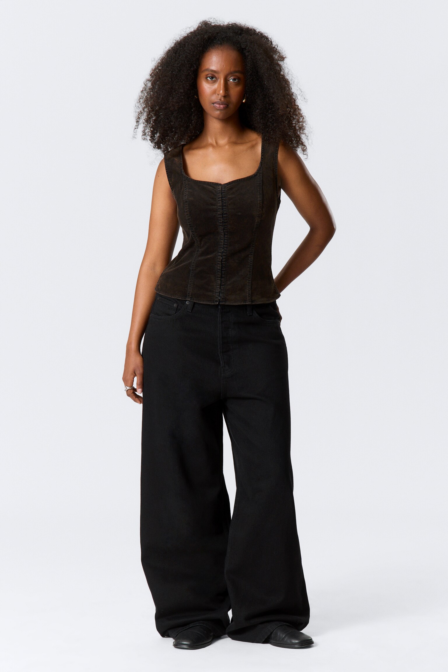 Fitted Washed Velvet Hook-and-Eye Top - Dark Brown - 5