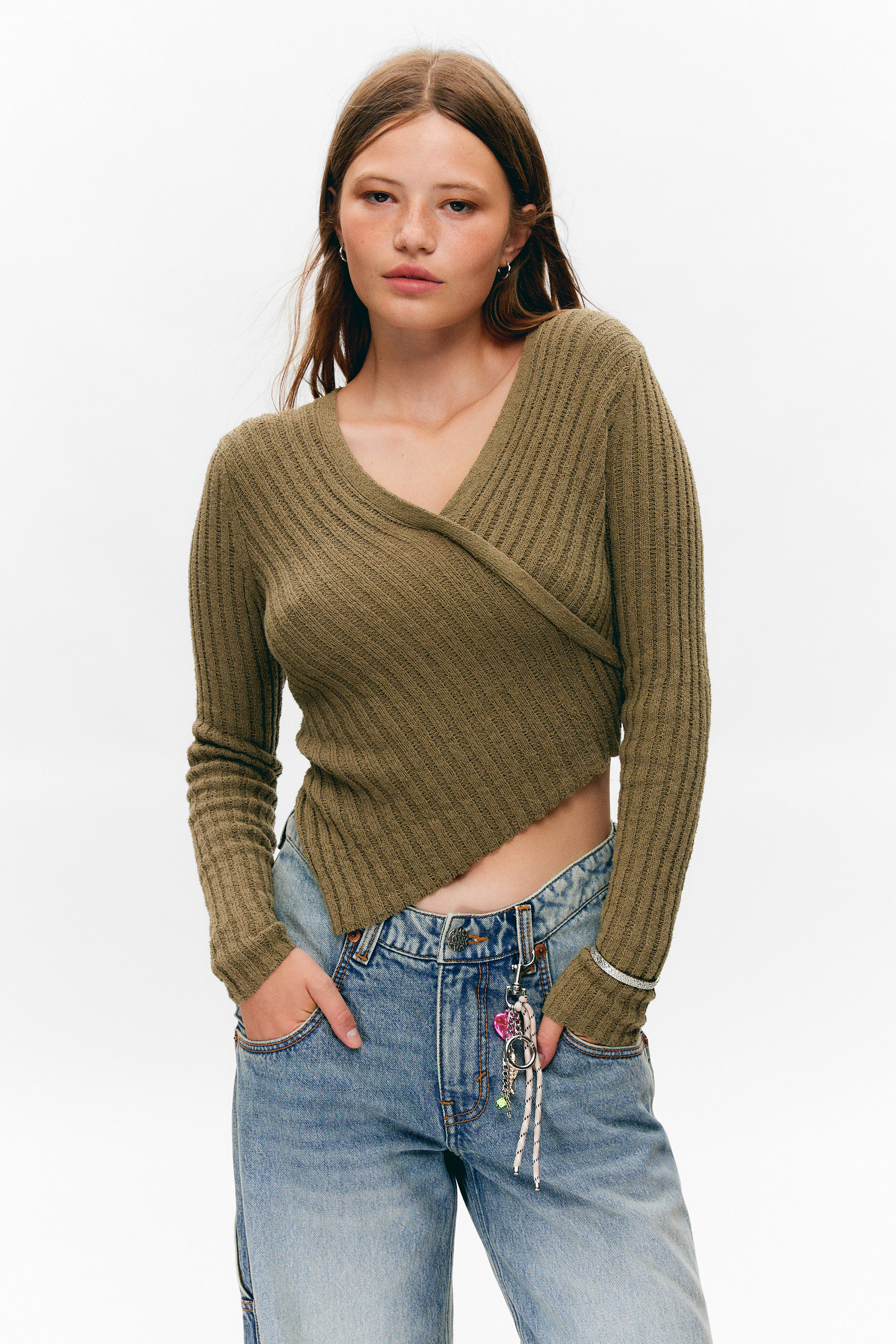 Dark Khaki Green - Knitted Wrap-shaped Asymmetric V-neck Sweater - 2