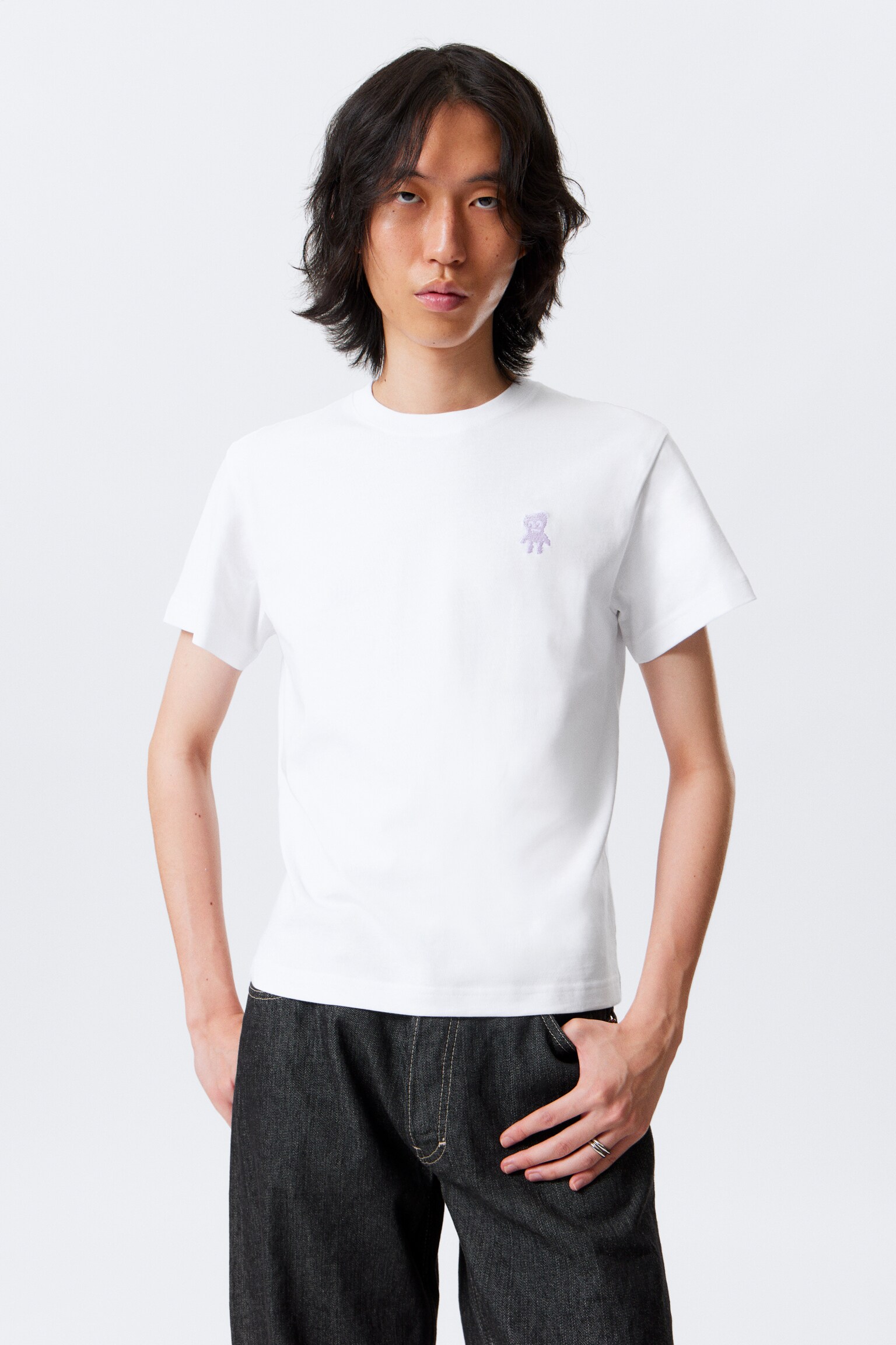 Shrunken Cotton T-shirt - White - Embroidered Monster
