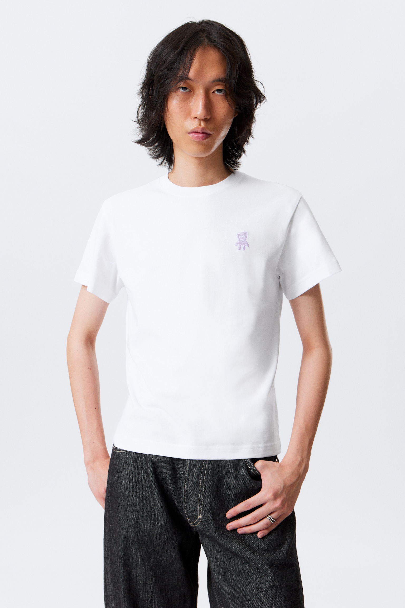 Shrunken Cotton T-shirt - White - Embroidered Monster - 1