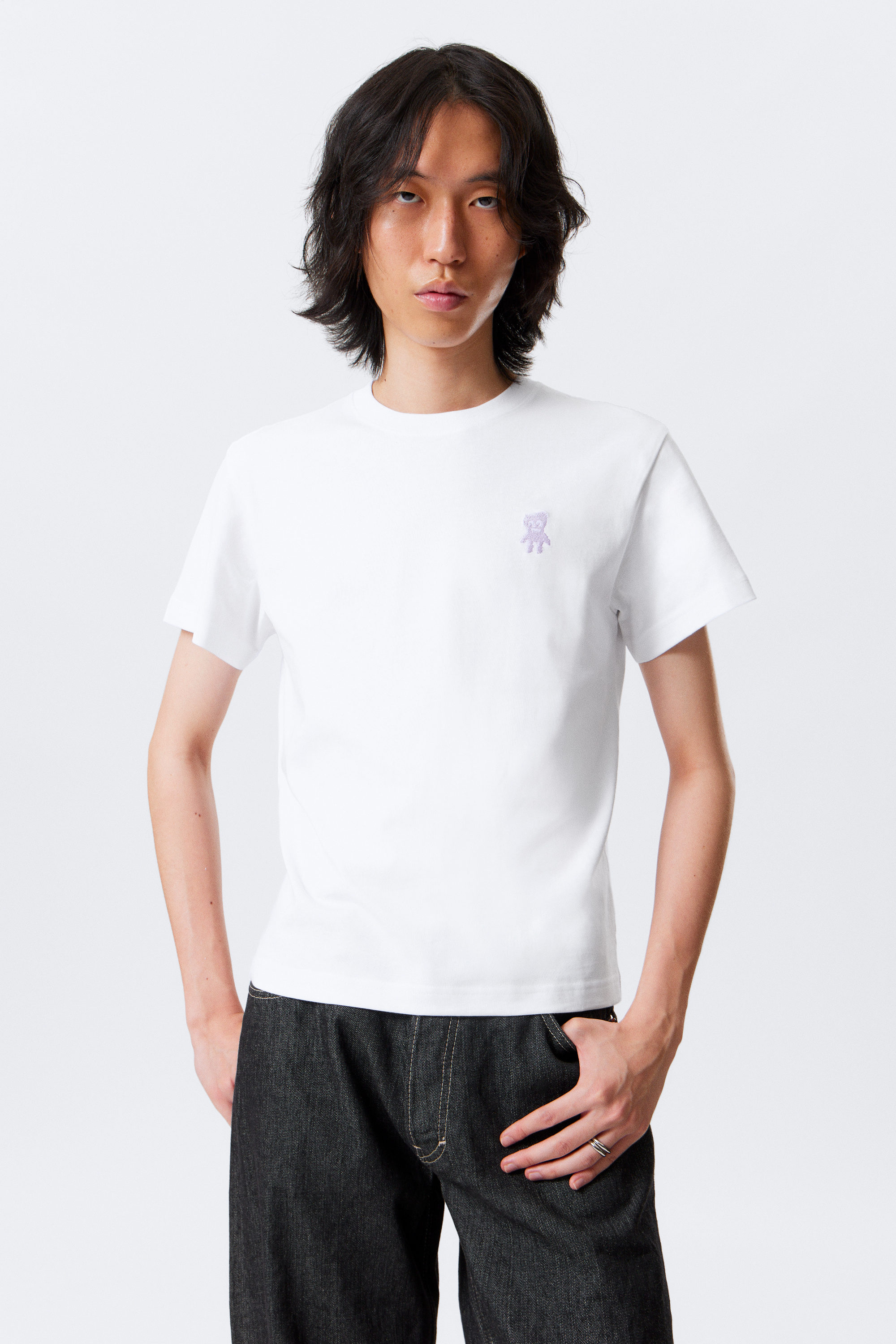 White - Embroidered Monster - Baumwoll-T-Shirt im Shrunken-Look - 1