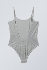 Grey - Rhinestones - Rhinestone Scoop-Neck Swimsuit - 1
