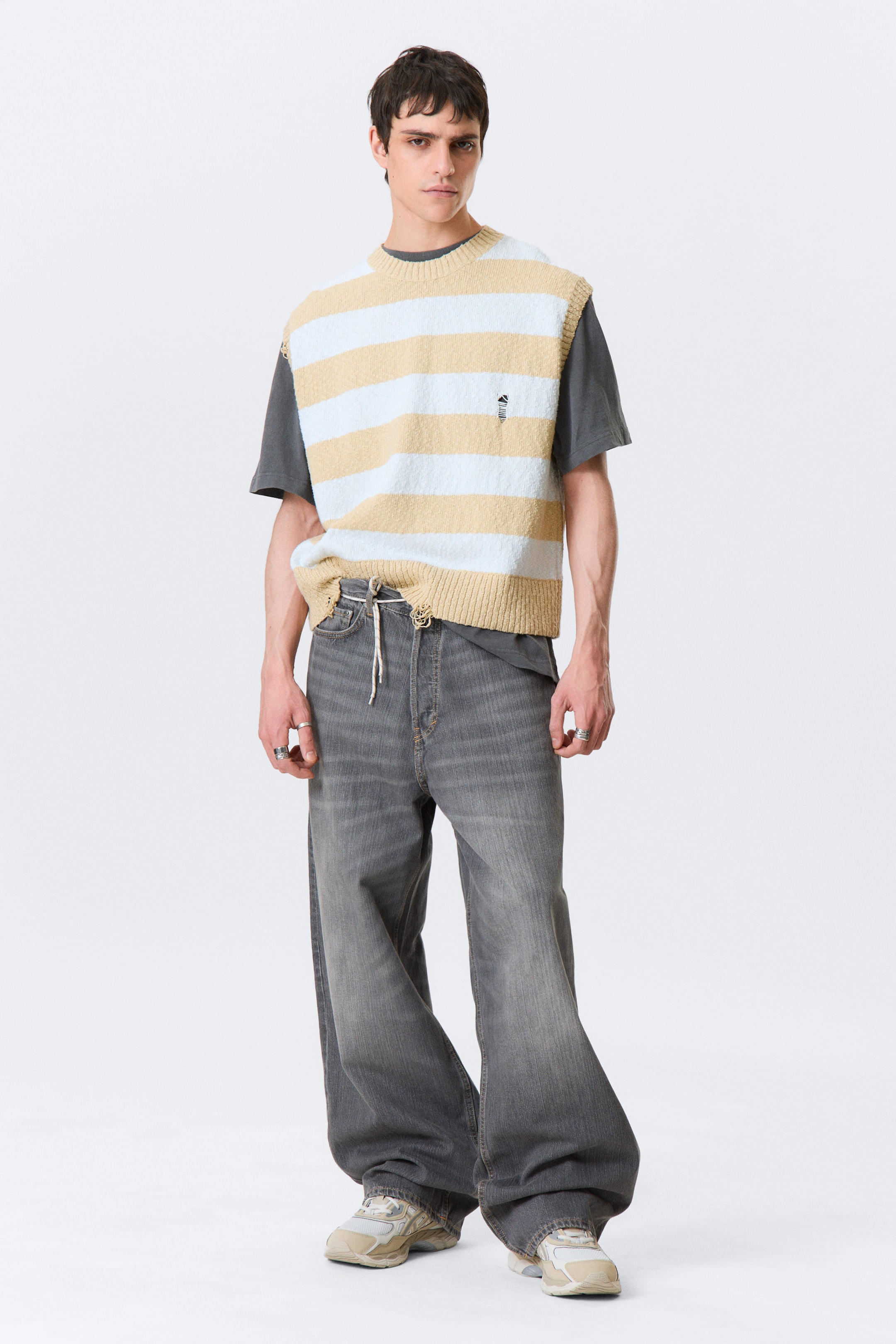 Blue & Beige Stripe - Relaxed Distressed Knitted Vest - 1