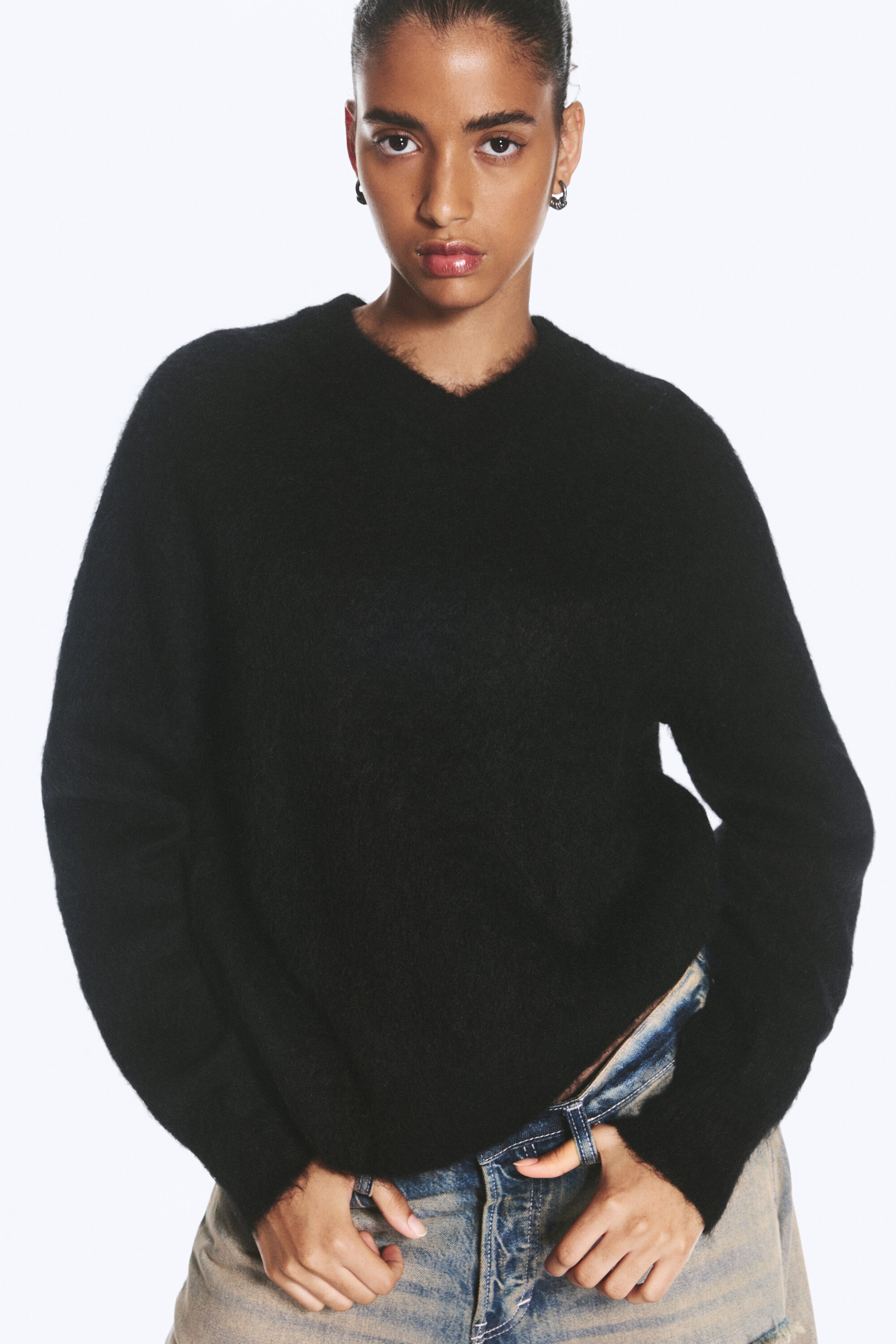Black - Knitted V-neck Mohair-Blend Sweater - 2