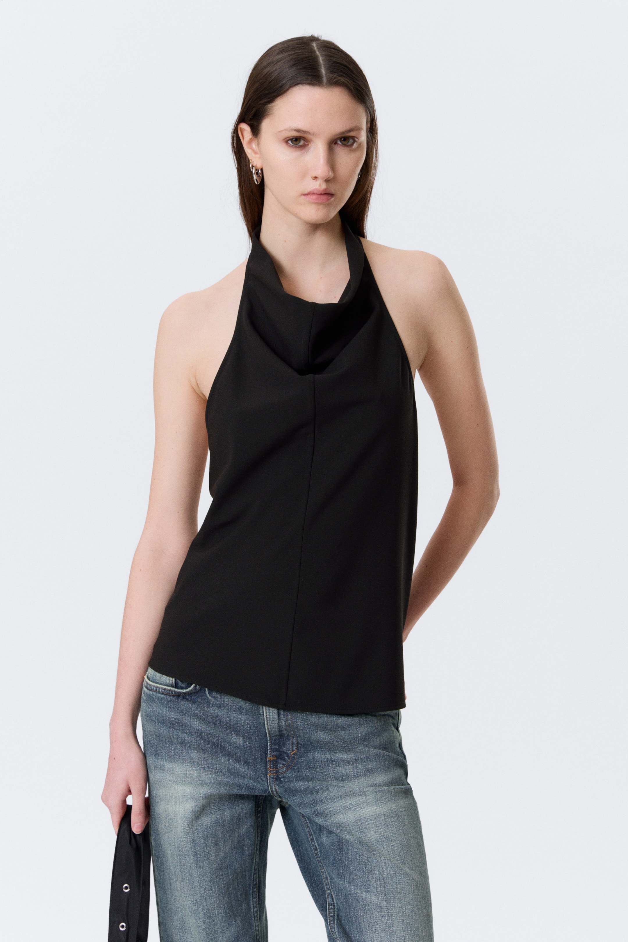 Black - Draped Halter Cowl-Neck Top - 1