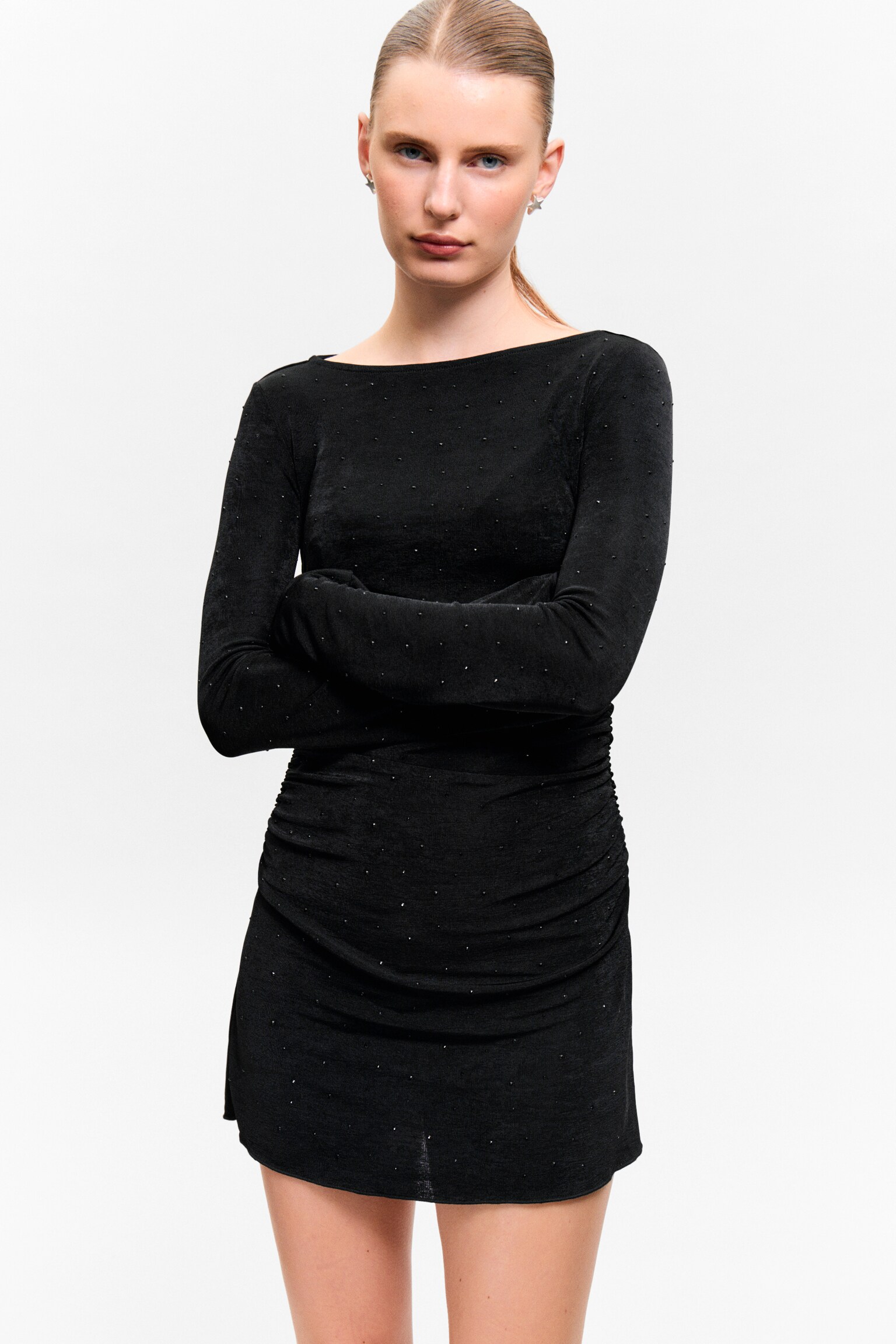 Gathered Long-Sleeved Boat-Neck Mini Dress - Black - Rhinestones - 6