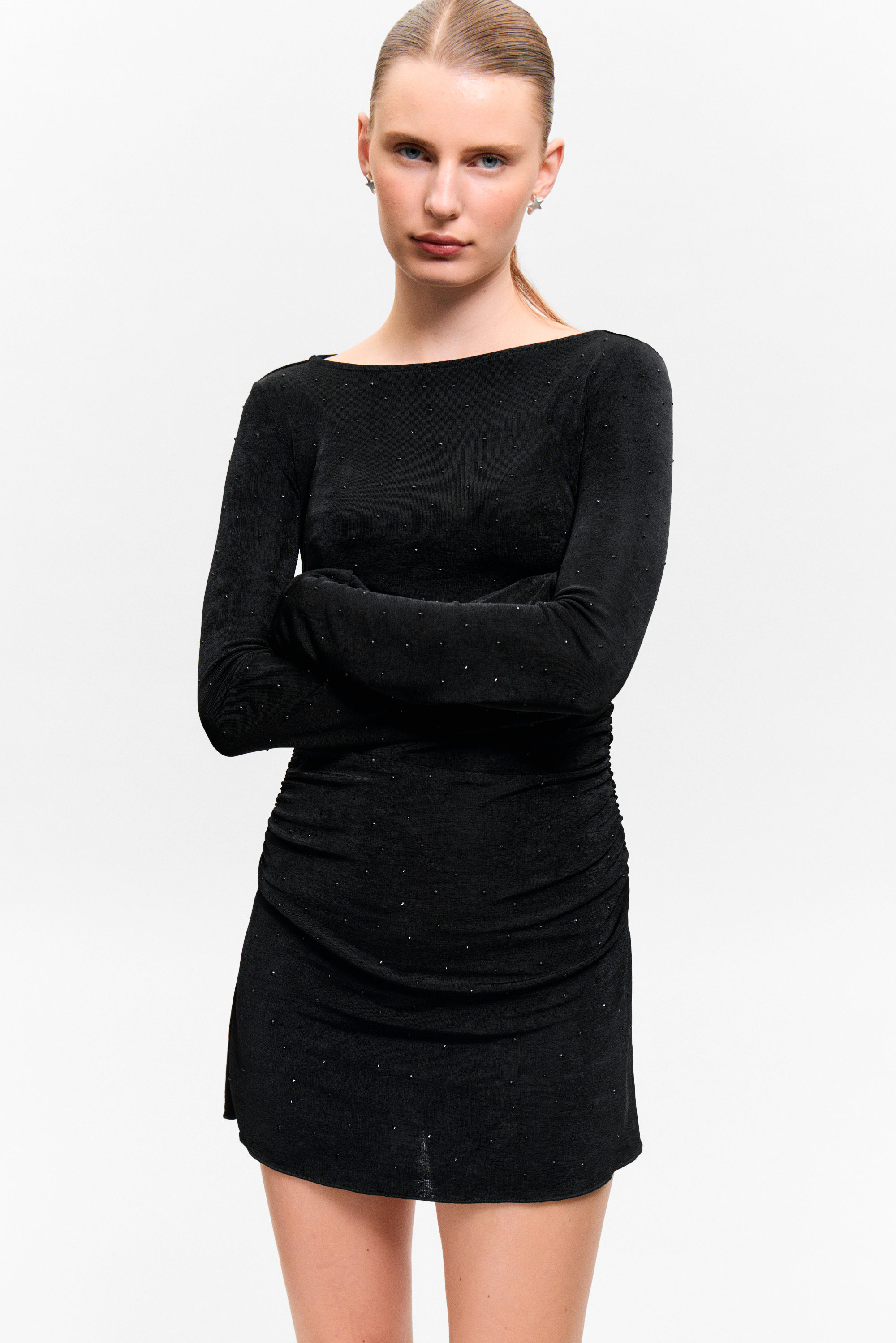 Black - Rhinestones - Gathered Long-Sleeved Boat-Neck Mini Dress - 2