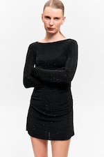 Black - Rhinestones - Gathered Long-Sleeved Boat-Neck Mini Dress - 1