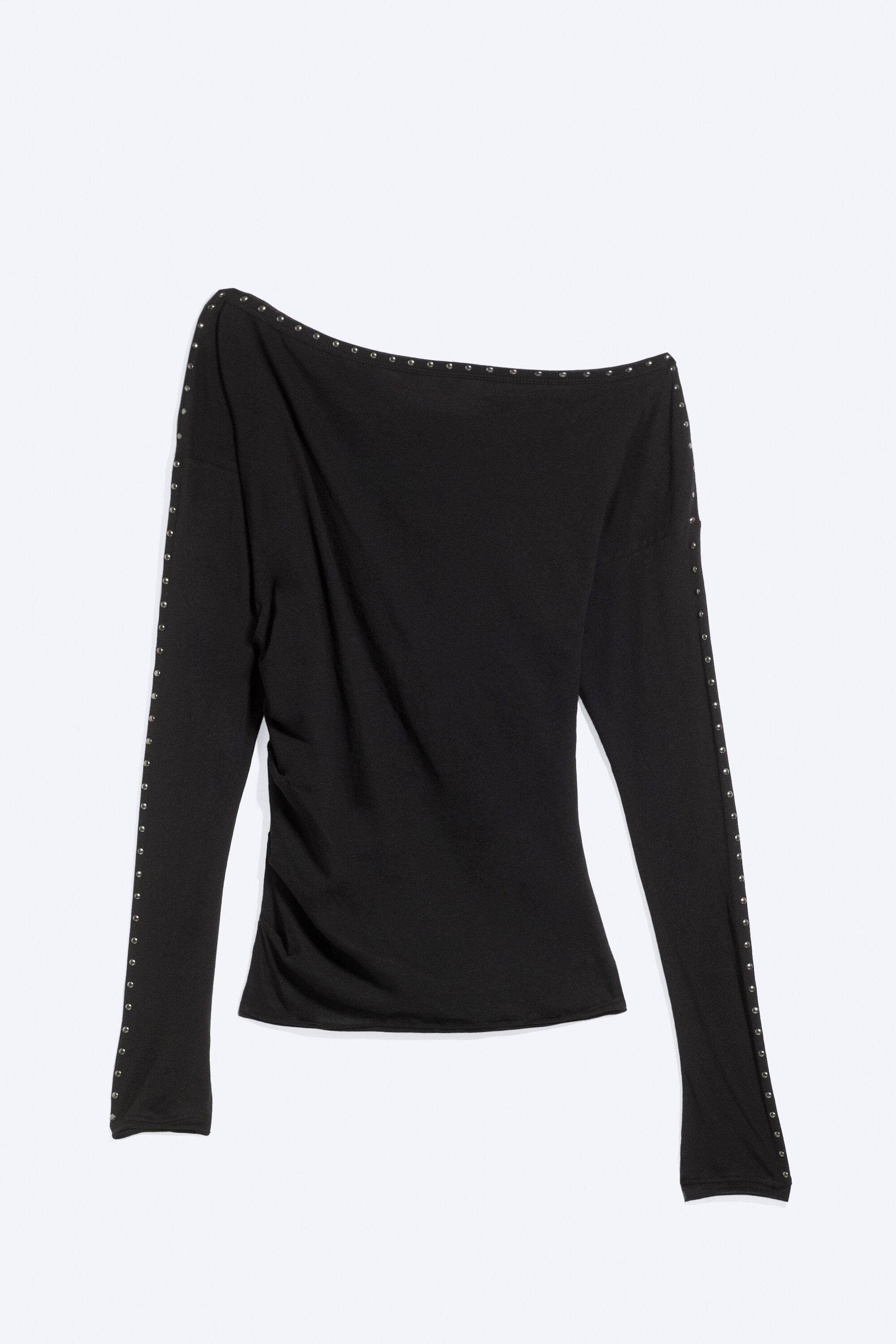 Black - Studded Off-Shoulder Long-Sleeved Top - 3