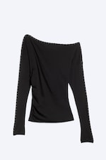 Black - Studded Off-Shoulder Long-Sleeved Top - 3