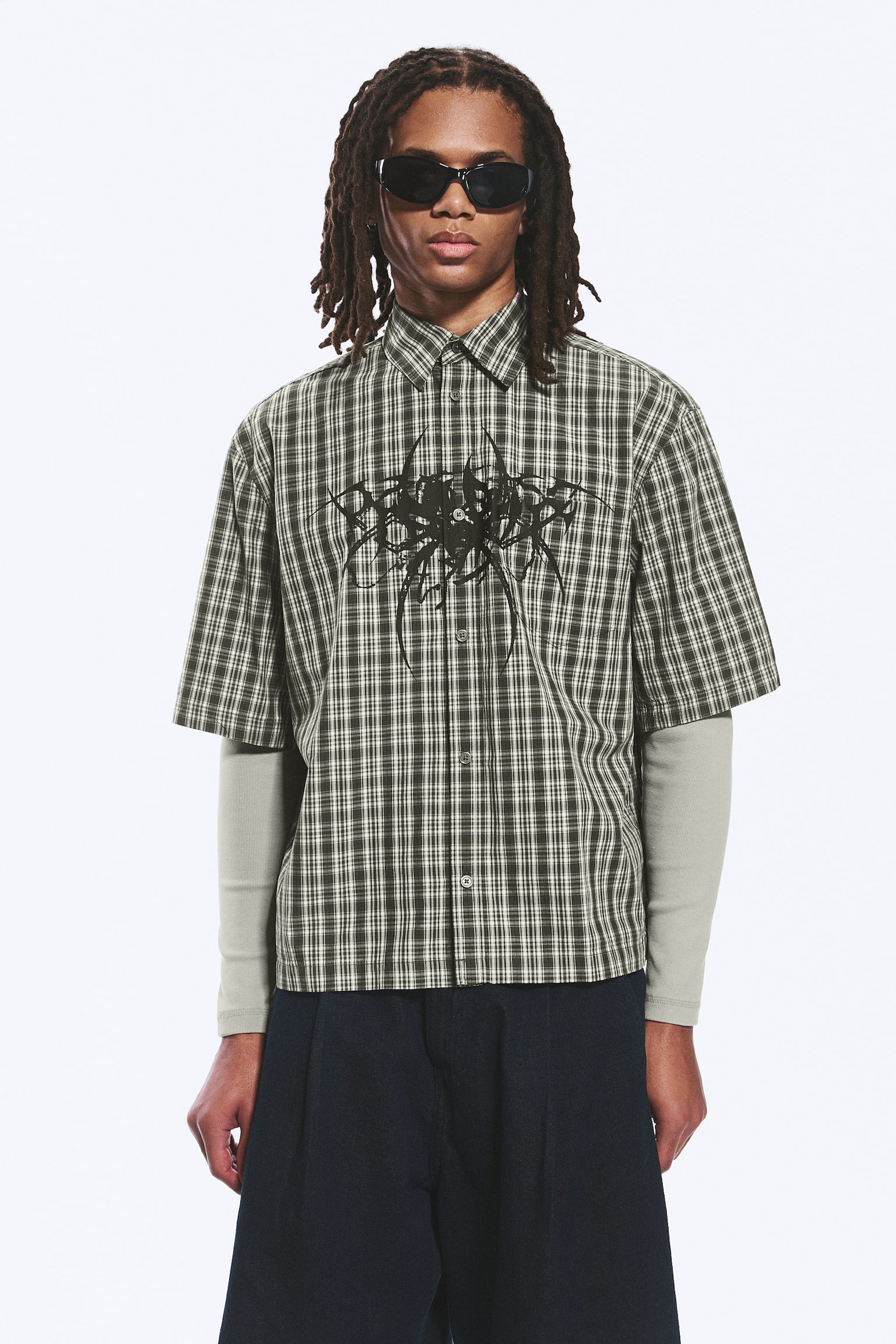 Chemise carrée imprimée à manches courtes - Carreaux verts - Spyder/Rayures blanches et noires - 4