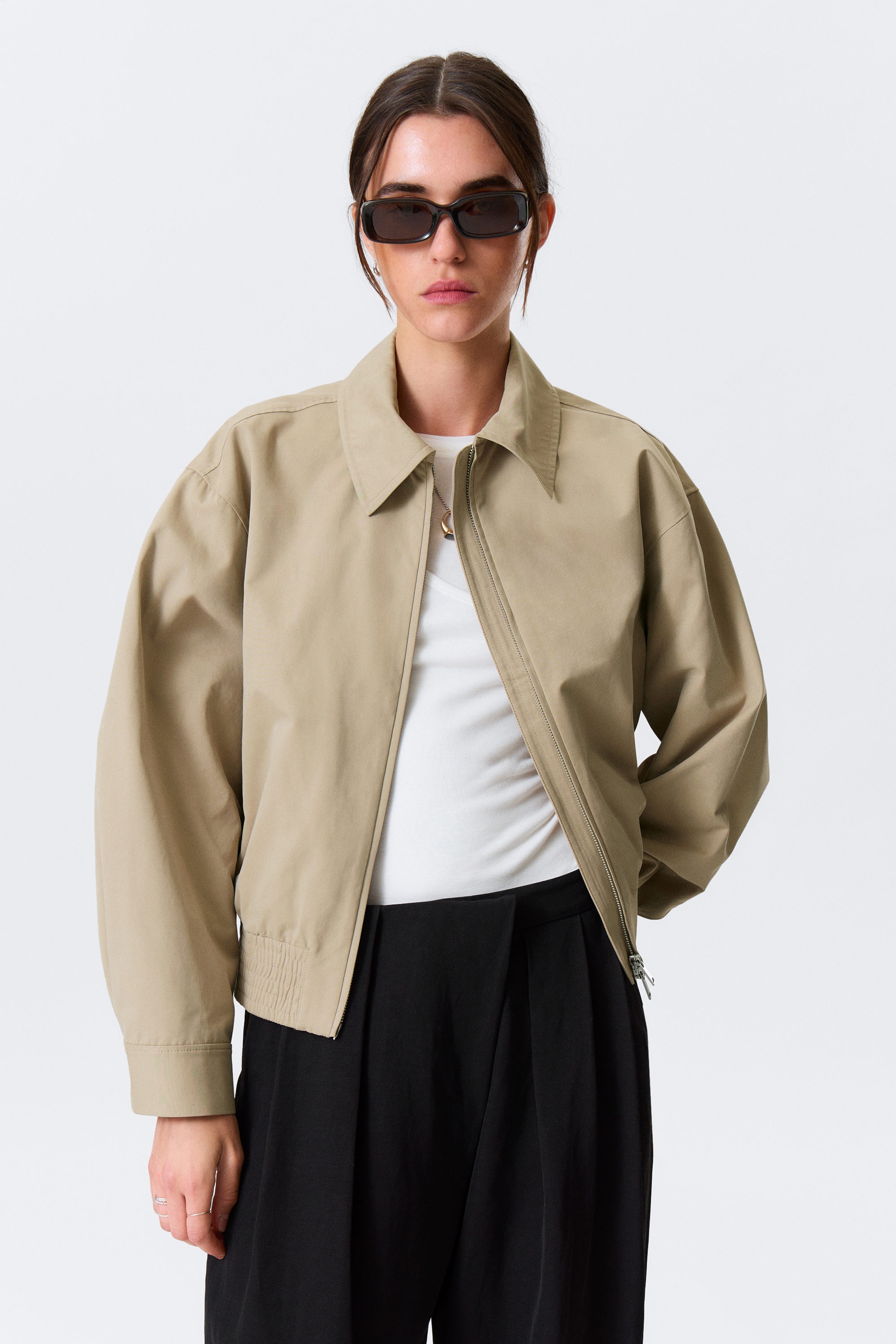 Beige - Boxy Cotton Zip Jacket - 1