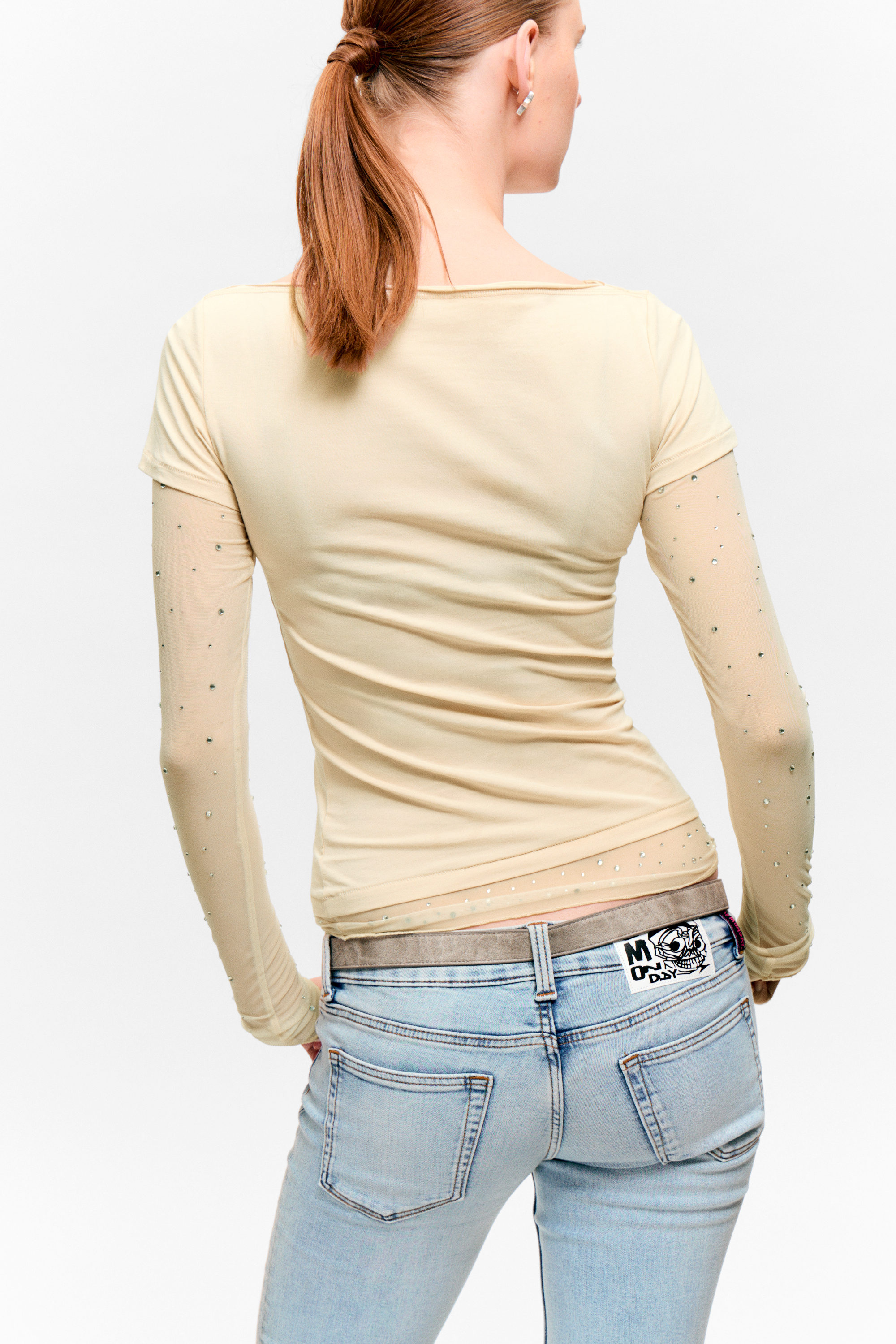 Beige - Top mit Netzärmeln und Strass - 2