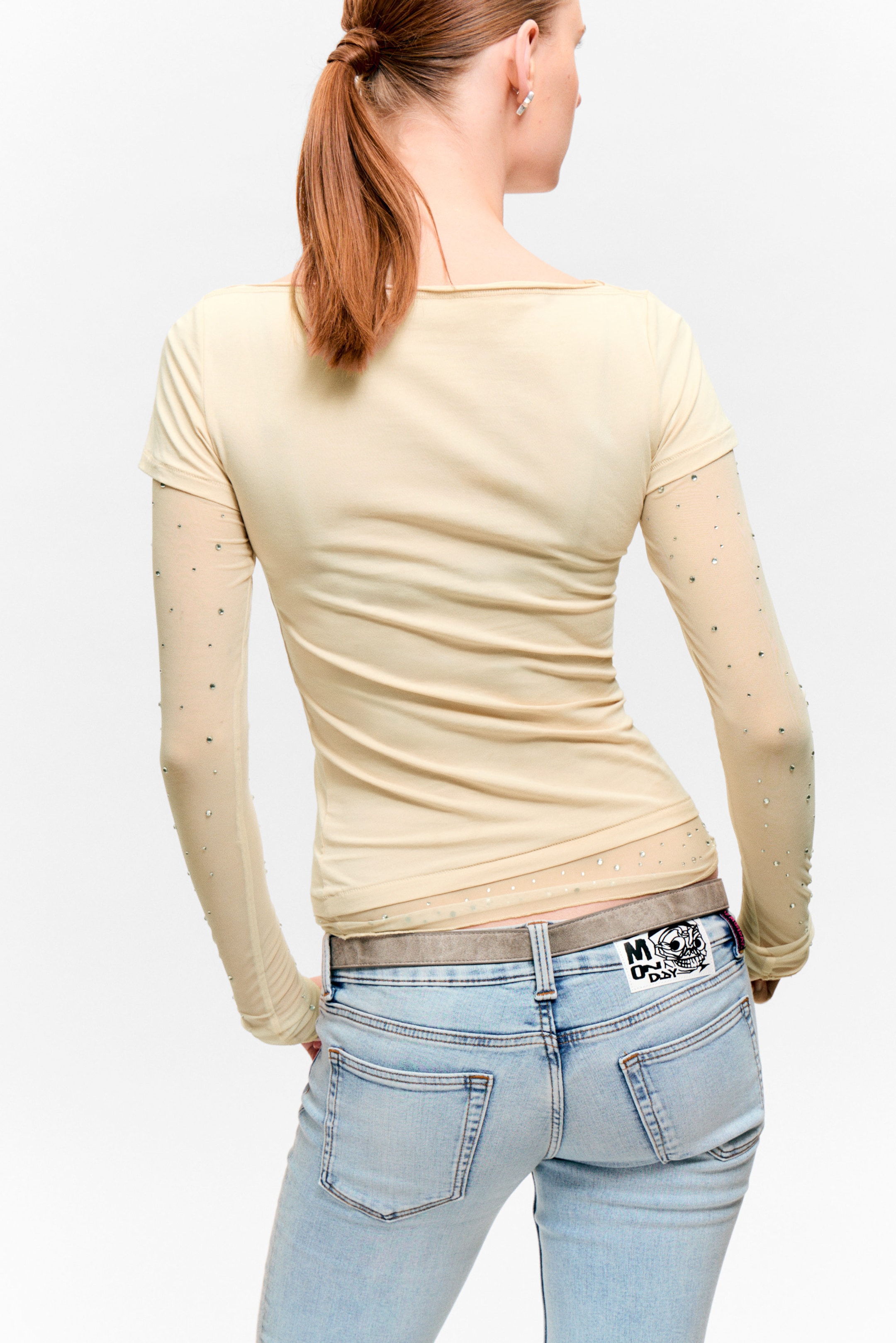 Beige - Rhinestone Mesh-Sleeve Top - 2
