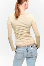 Beige - Rhinestone Mesh-Sleeve Top - 2