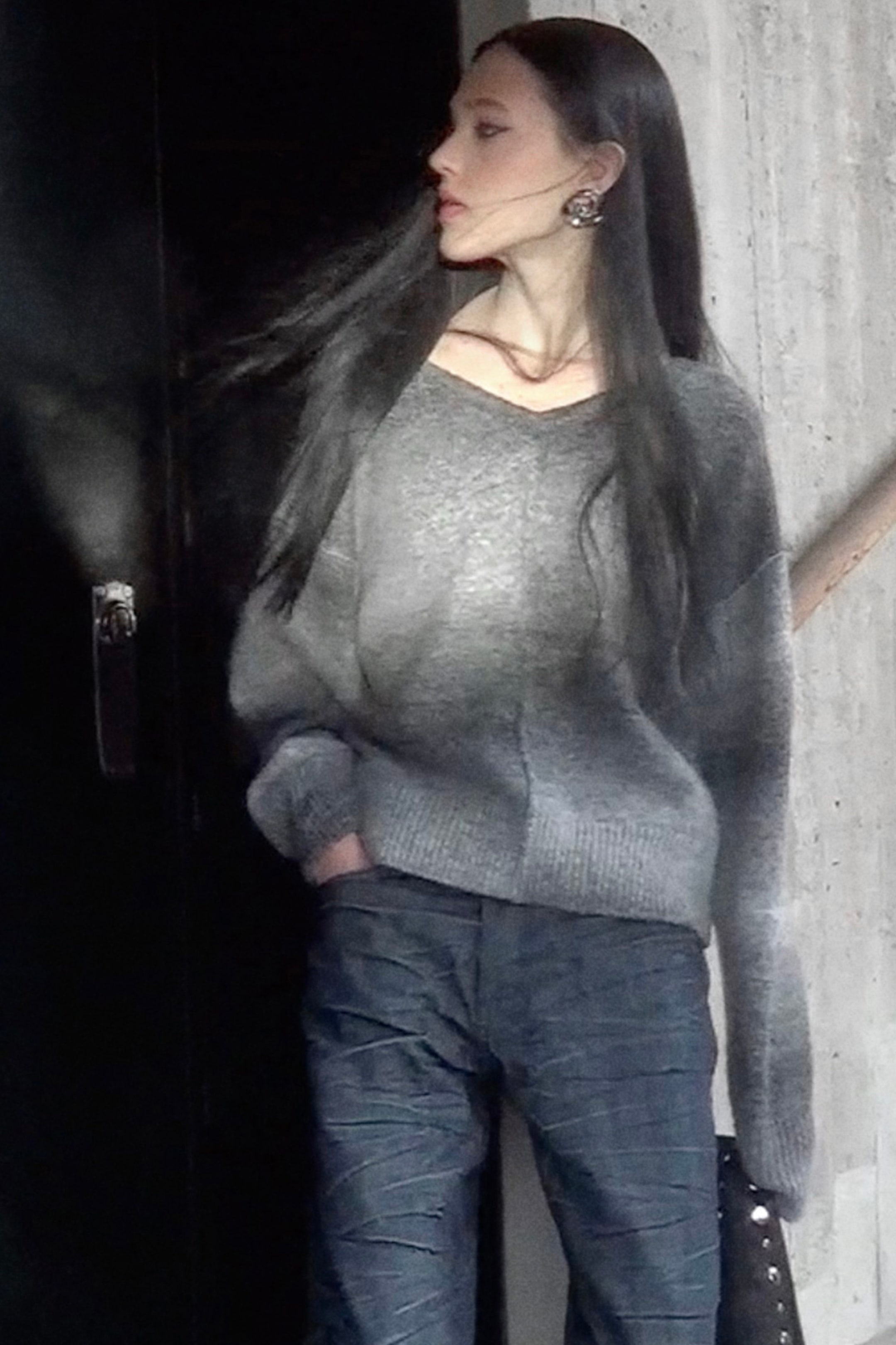 Grey Space Dye - Space Dye V-Neck Knitted Sweater - 2