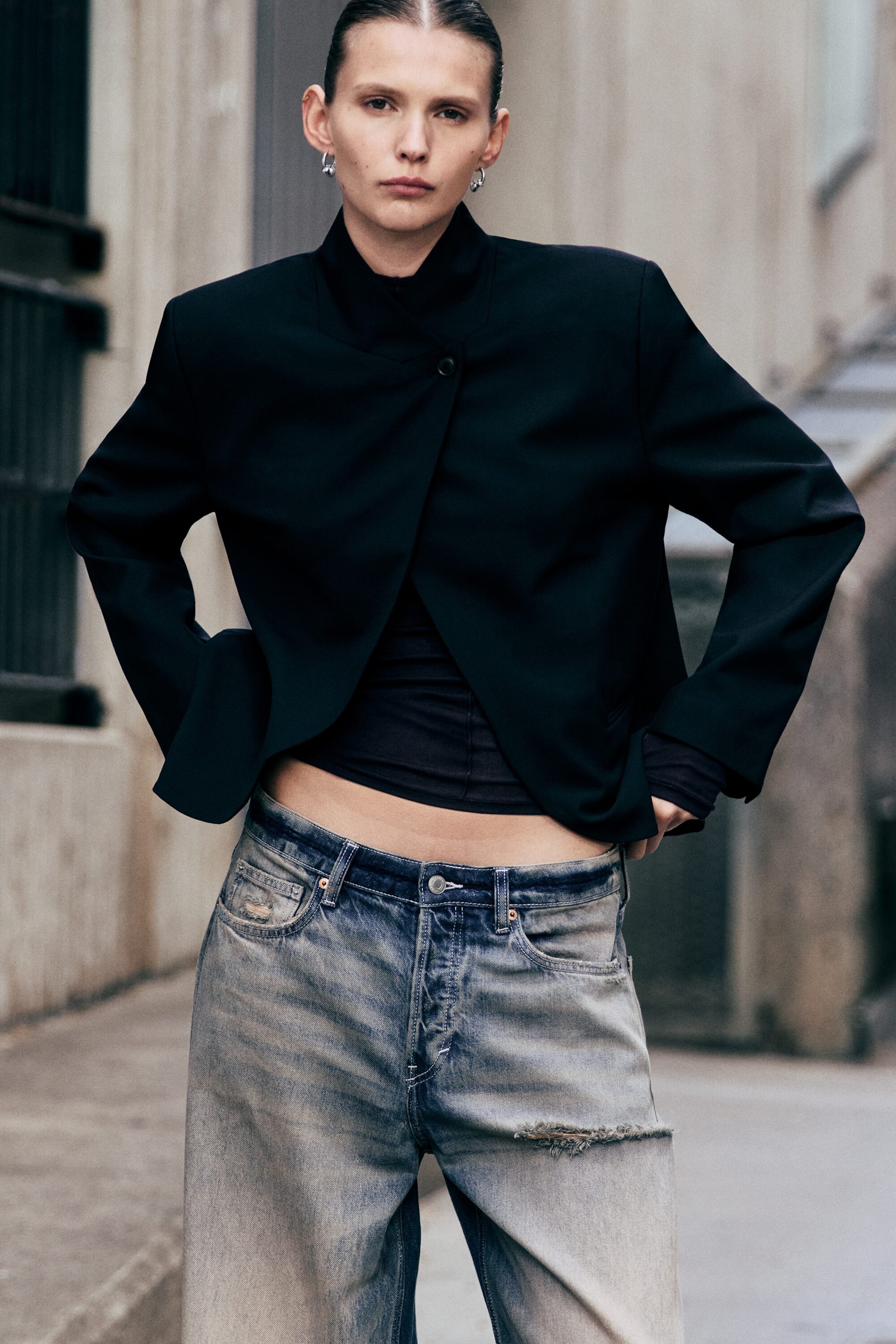 Black - Asymmetric Wool-Blend Blazer - 1