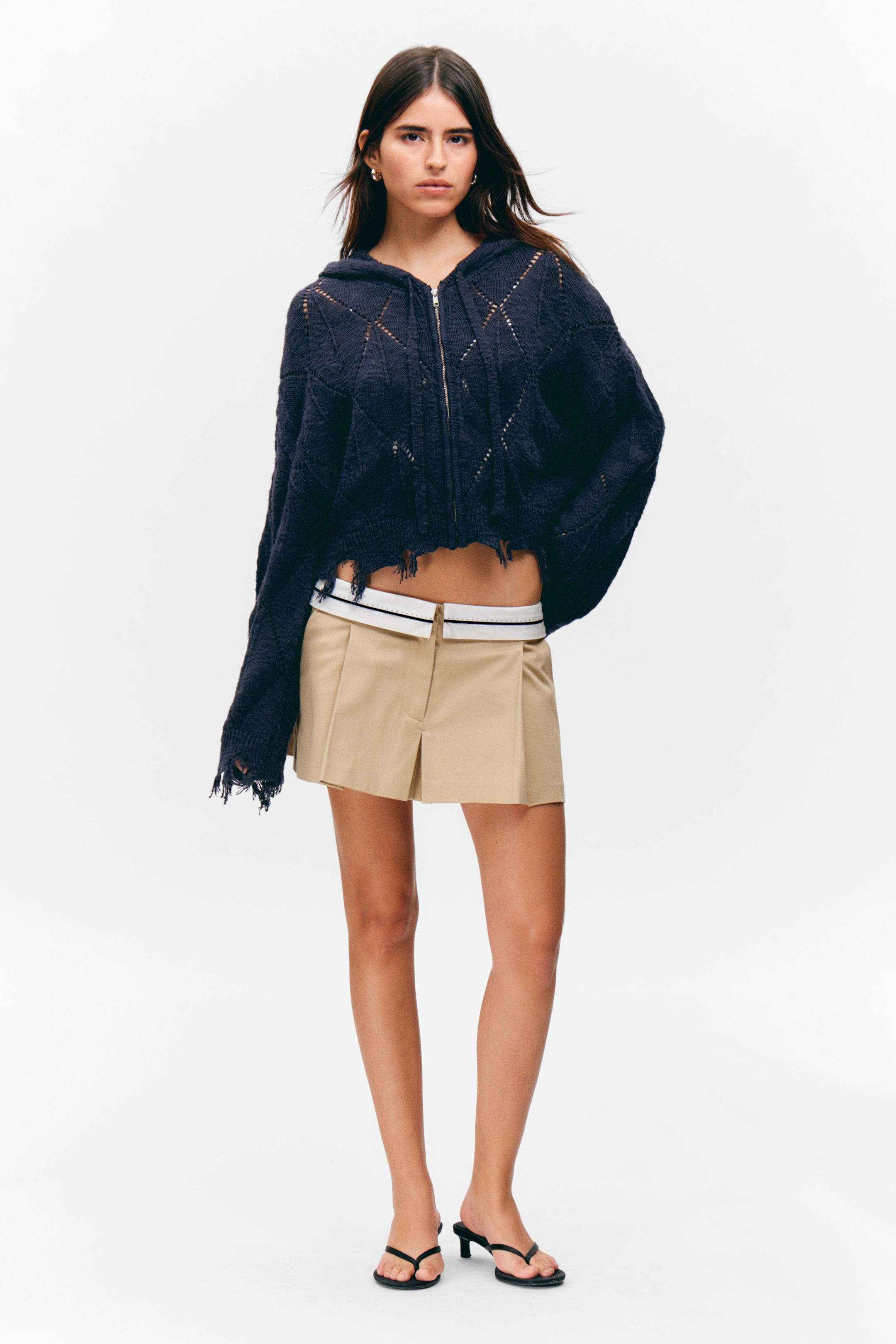 Grösseres Bild ansehen: Kurzer Zip-Hoodie aus Pointelle-Strick - Dunkelblau - DAMEN | H&M CH 1