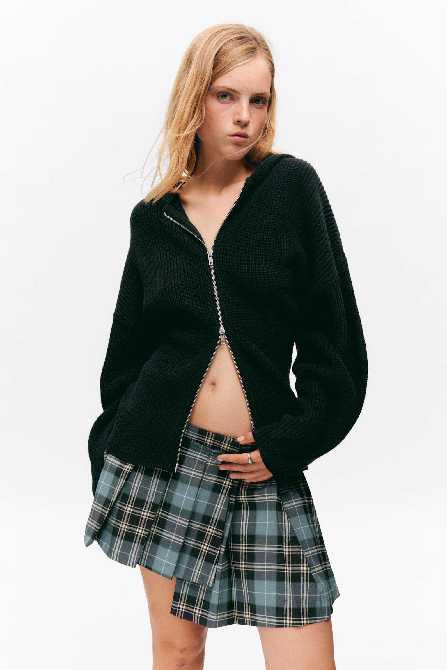 Asymmetric Pleated Wrap Mini Skirt - Dusty Dark Green Check/Black - 4